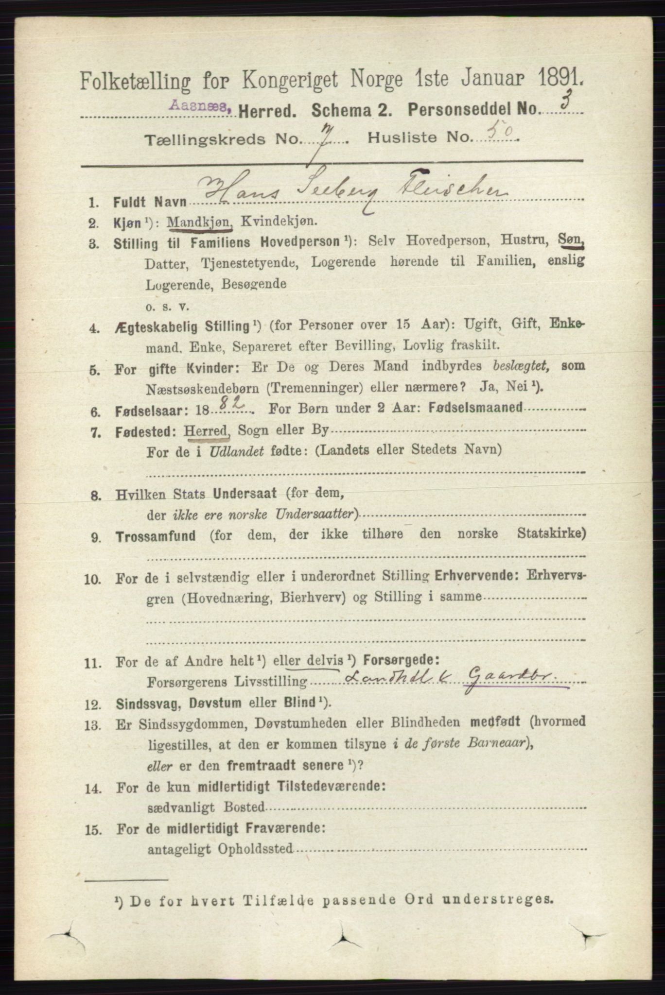 RA, 1891 census for 0425 Åsnes, 1891, p. 3644