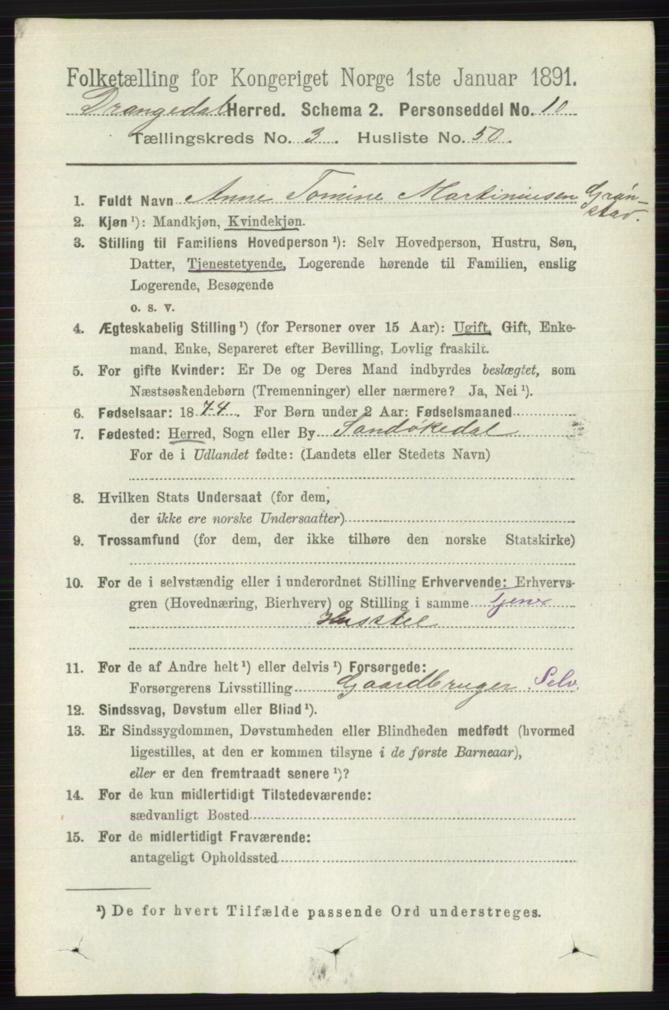 RA, 1891 census for 0817 Drangedal, 1891, p. 1180