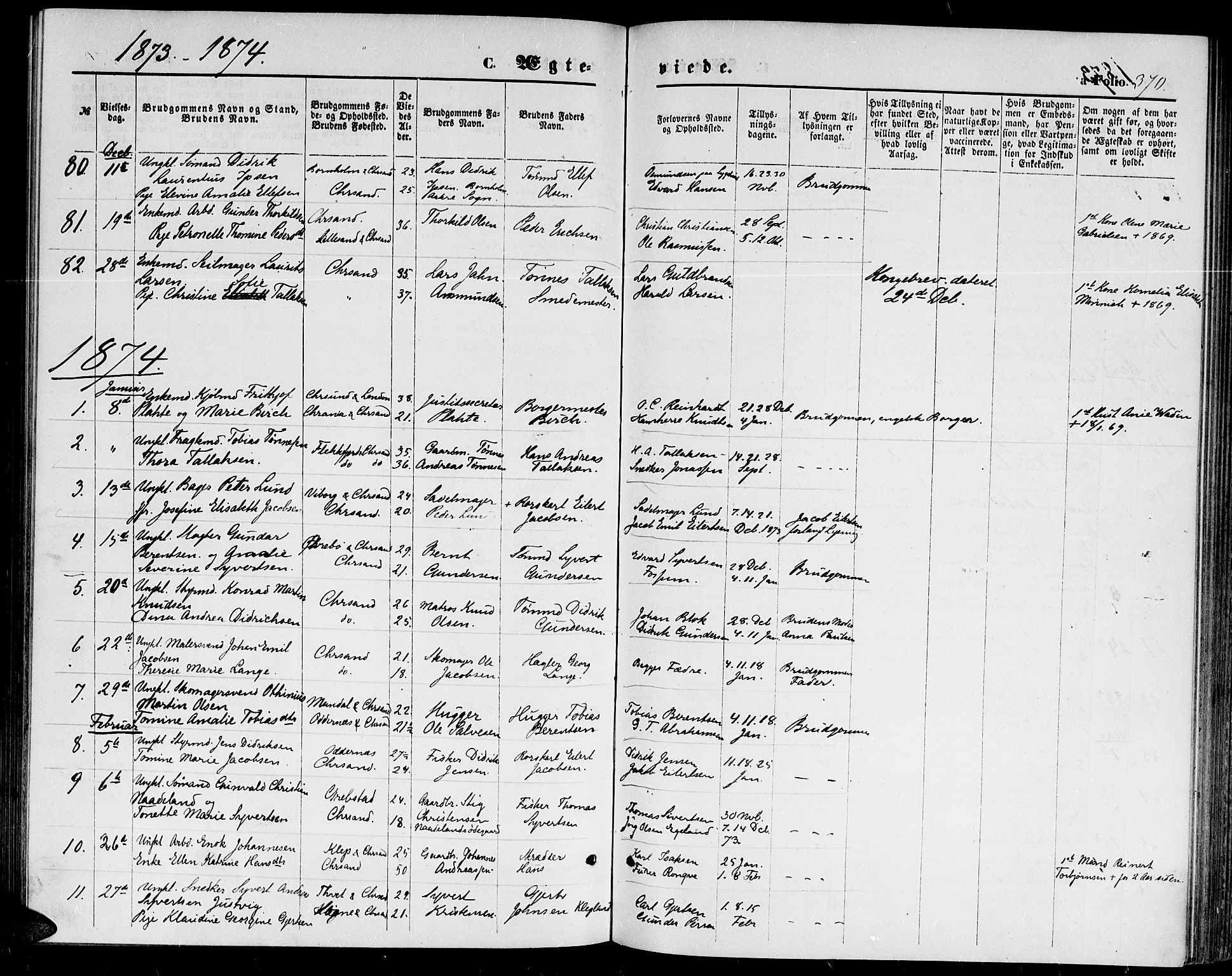 Kristiansand domprosti, SAK/1112-0006/F/Fb/L0013: Parish register (copy) no. B 13, 1871-1880, p. 370