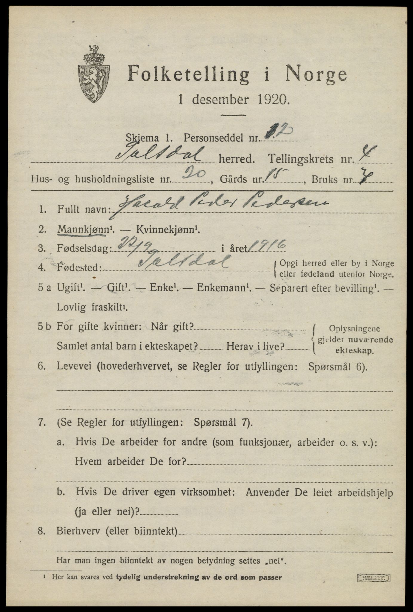 SAT, 1920 census for Saltdal, 1920, p. 5883