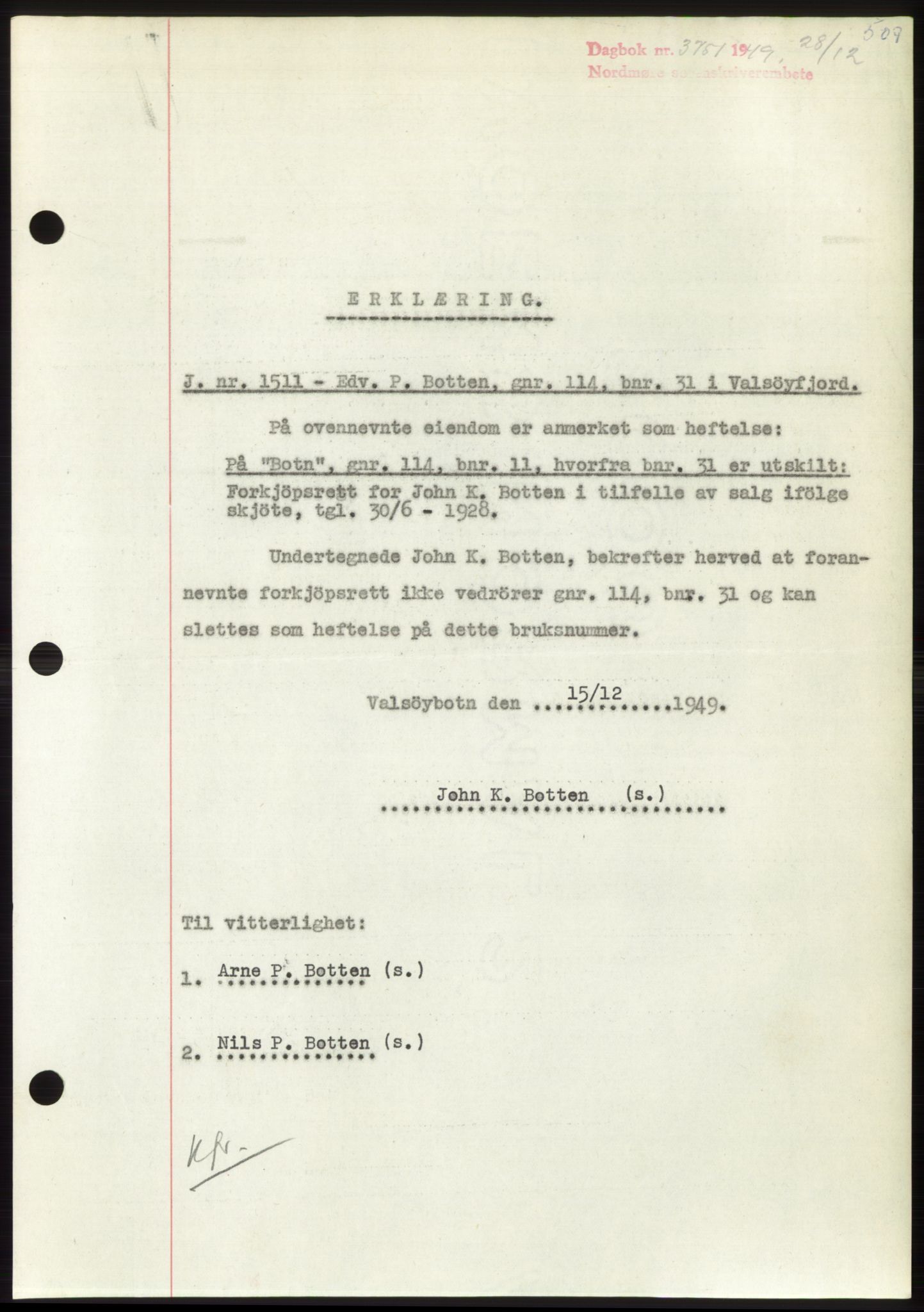 Nordmøre sorenskriveri, AV/SAT-A-4132/1/2/2Ca: Mortgage book no. B103, 1949-1950, Diary no: : 3751/1949