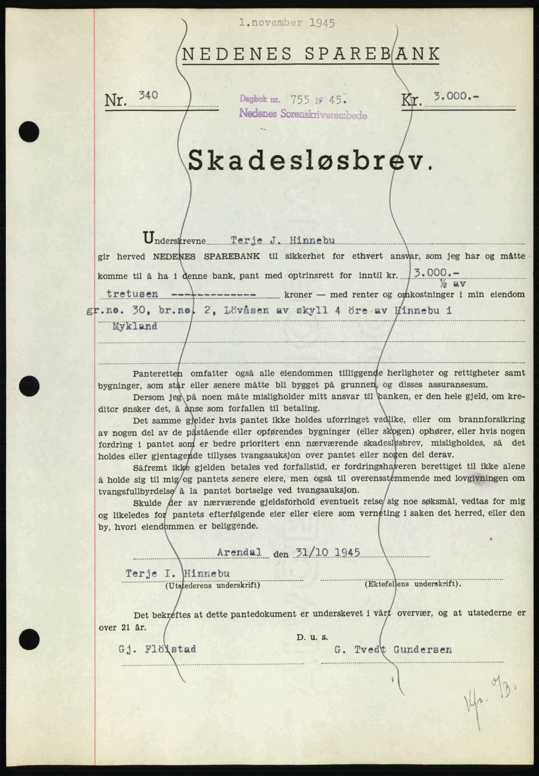 Nedenes sorenskriveri, AV/SAK-1221-0006/G/Gb/Gbb/L0003: Mortgage book no. B3a, 1945-1945, Diary no: : 755/1945