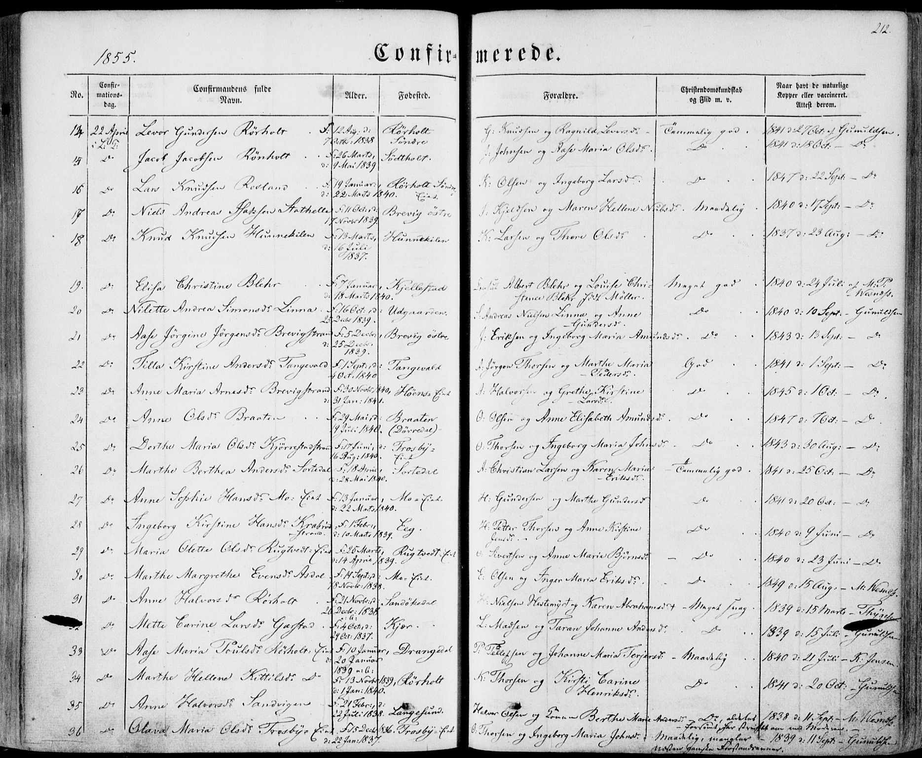 Bamble kirkebøker, SAKO/A-253/F/Fa/L0005: Parish register (official) no. I 5, 1854-1869, p. 212
