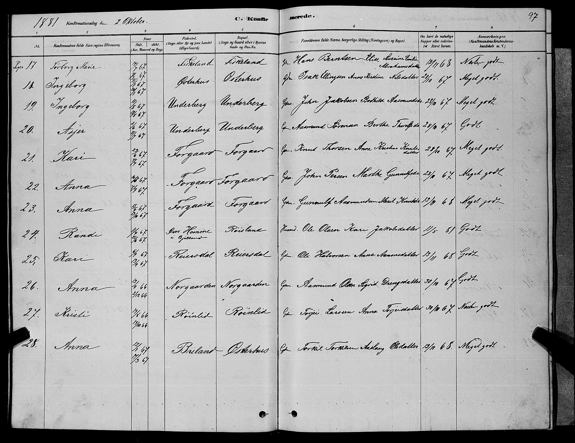Åseral sokneprestkontor, SAK/1111-0051/F/Fb/L0002: Parish register (copy) no. B 2, 1878-1899, p. 97
