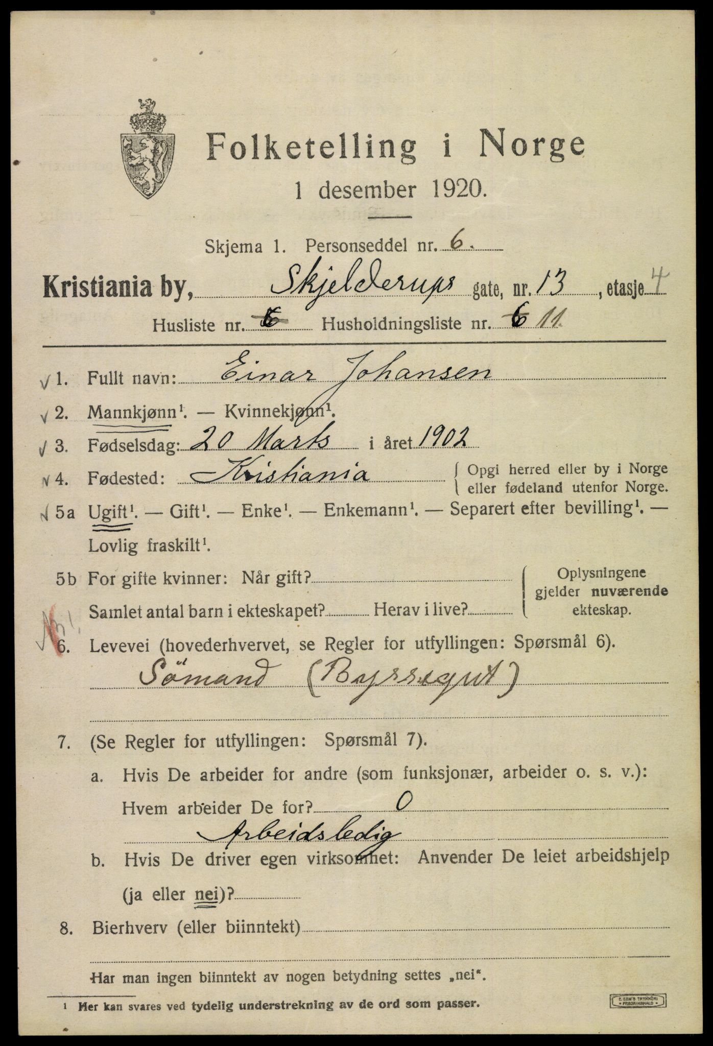 SAO, 1920 census for Kristiania, 1920, p. 513065