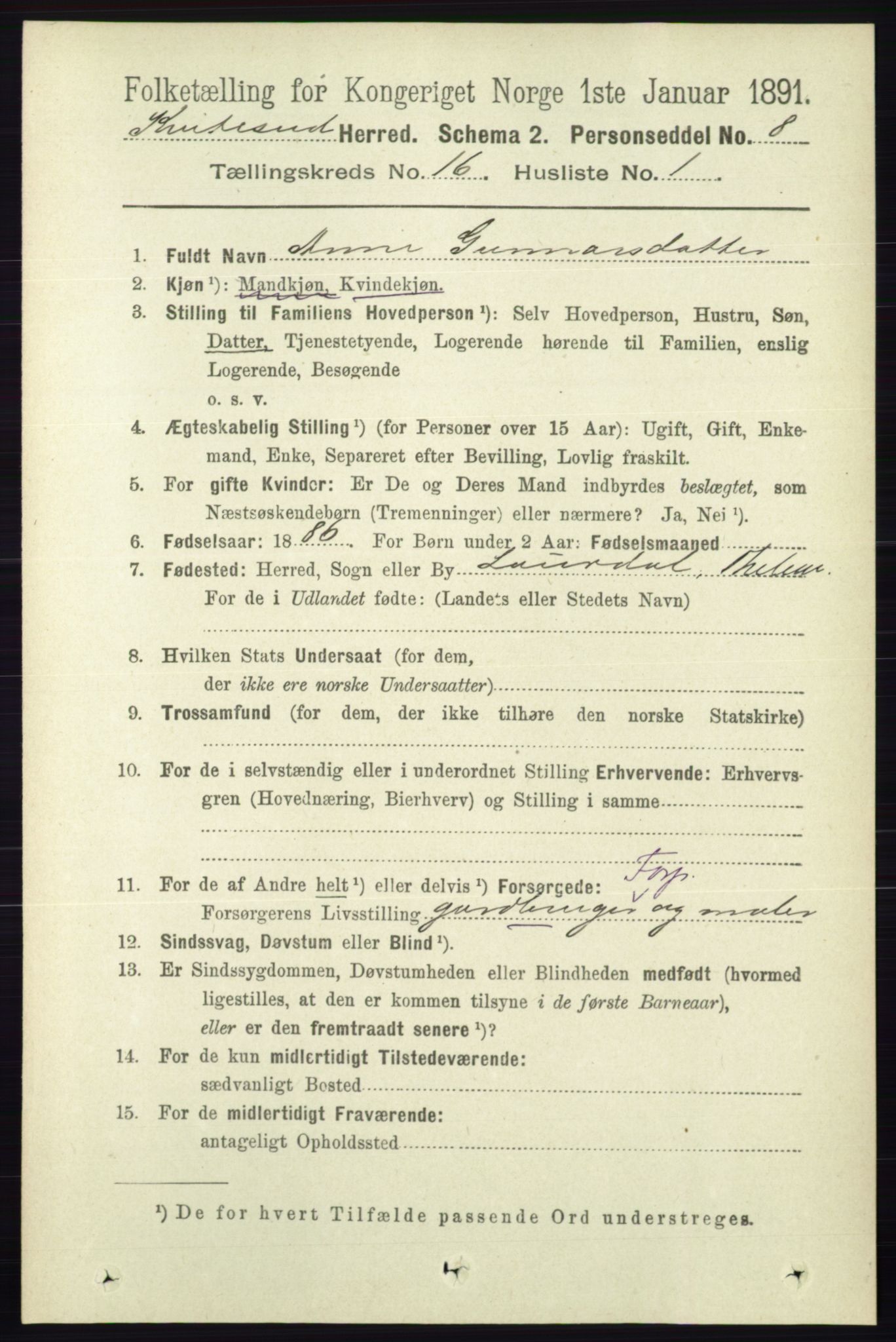 RA, 1891 census for 0829 Kviteseid, 1891, p. 3642