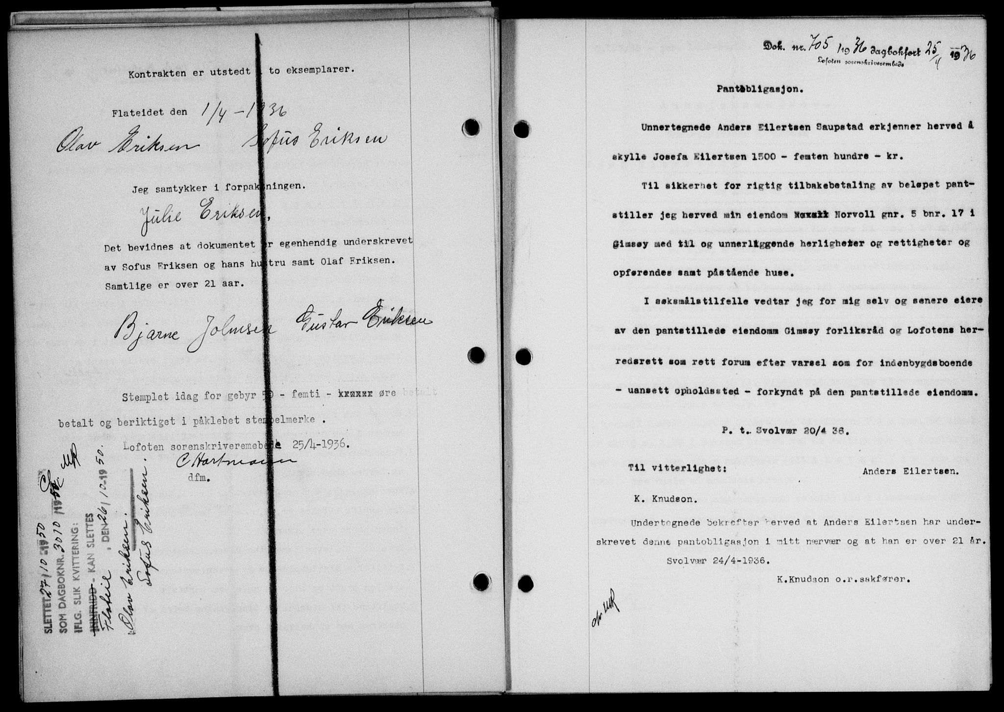 Lofoten sorenskriveri, SAT/A-0017/1/2/2C/L0033b: Mortgage book no. 33b, 1936-1936, Diary no: : 705/1936