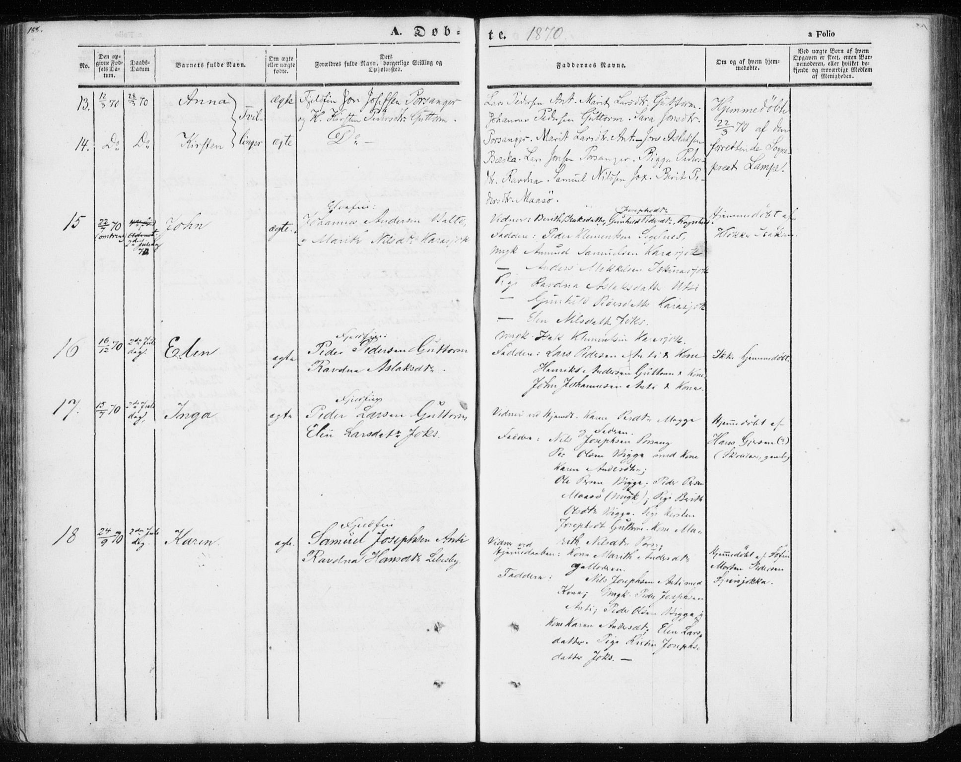 Kistrand/Porsanger sokneprestembete, AV/SATØ-S-1351/H/Ha/L0012.kirke: Parish register (official) no. 12, 1843-1871, p. 188-189