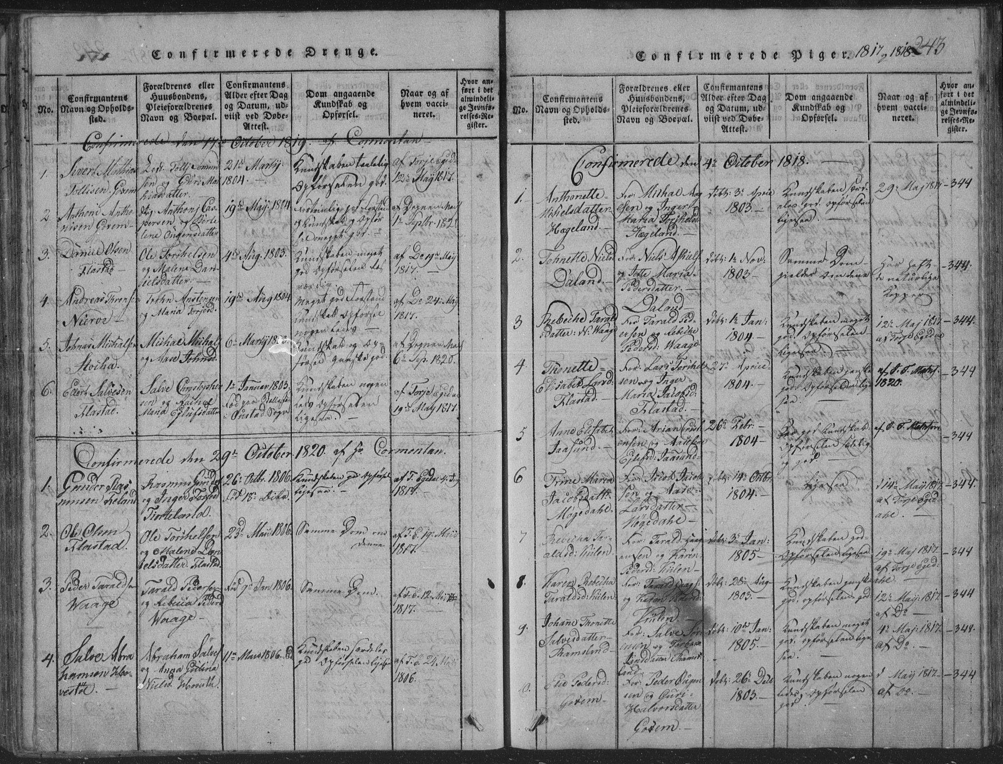 Sør-Audnedal sokneprestkontor, AV/SAK-1111-0039/F/Fb/Fba/L0001: Parish register (copy) no. B 1, 1815-1850, p. 243