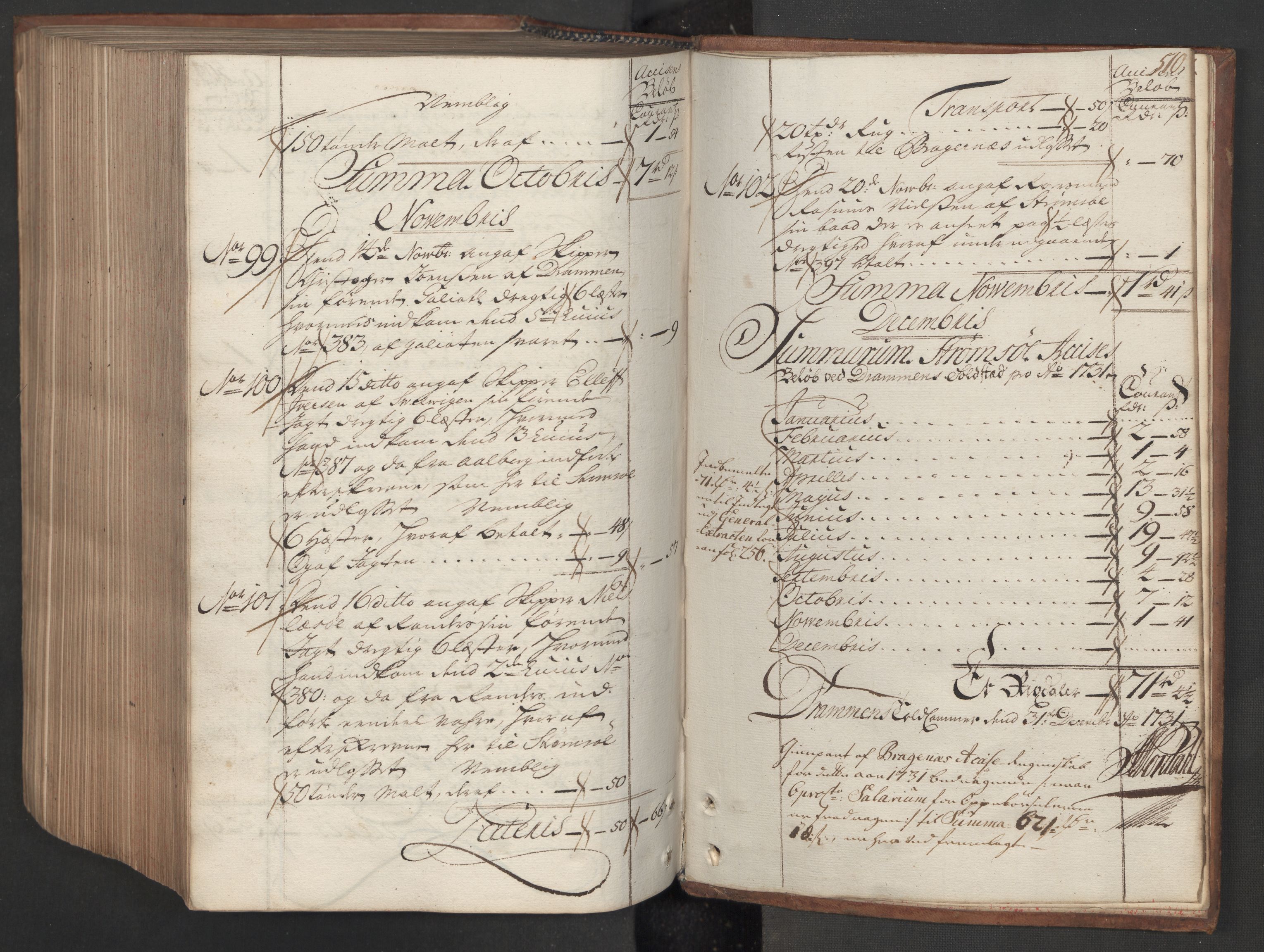 Generaltollkammeret, tollregnskaper, AV/RA-EA-5490/R08/L0009/0001: Tollregnskaper Drammen / Hovedtollbok, 1731, p. 509b-510a