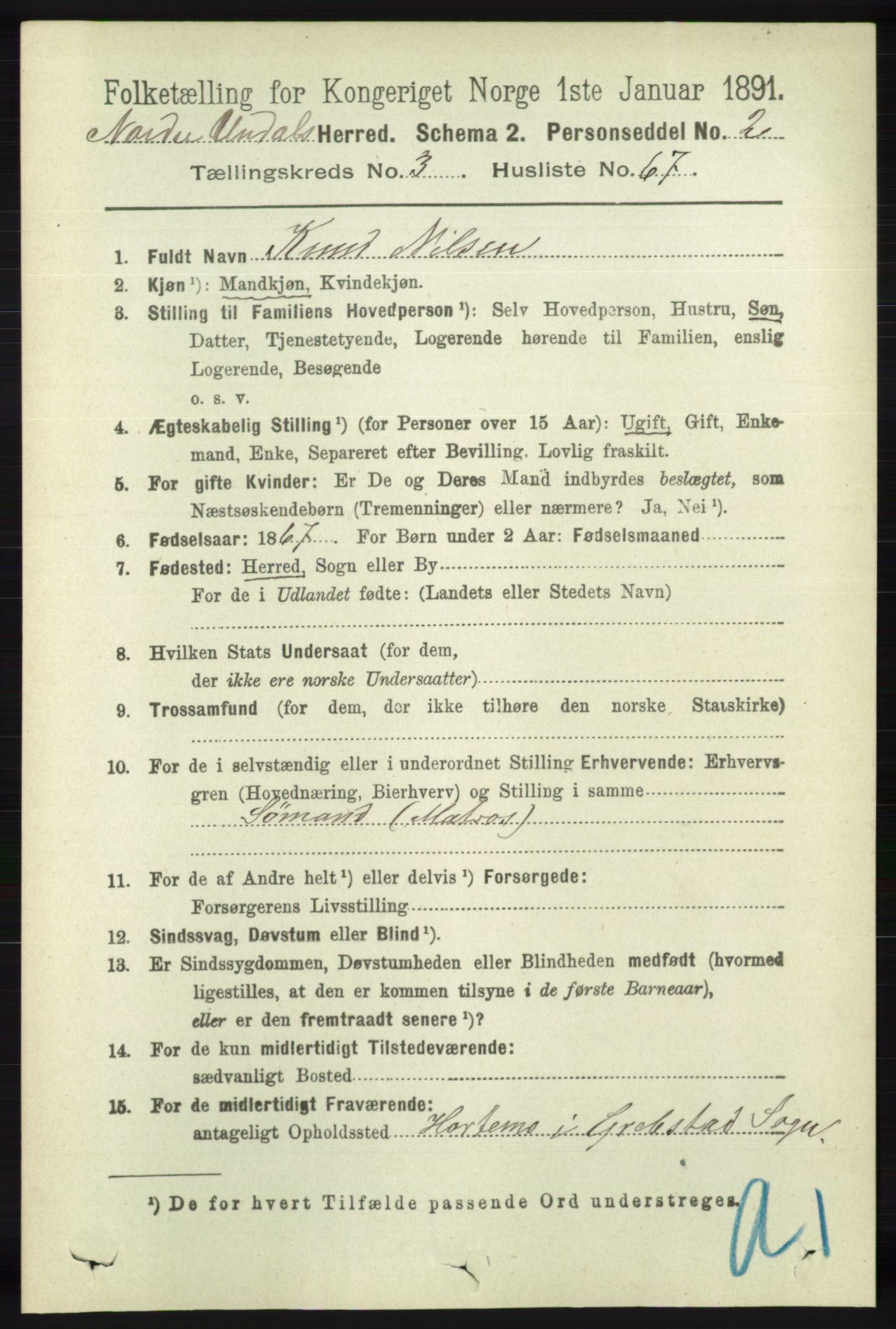 RA, 1891 census for 1028 Nord-Audnedal, 1891, p. 1067