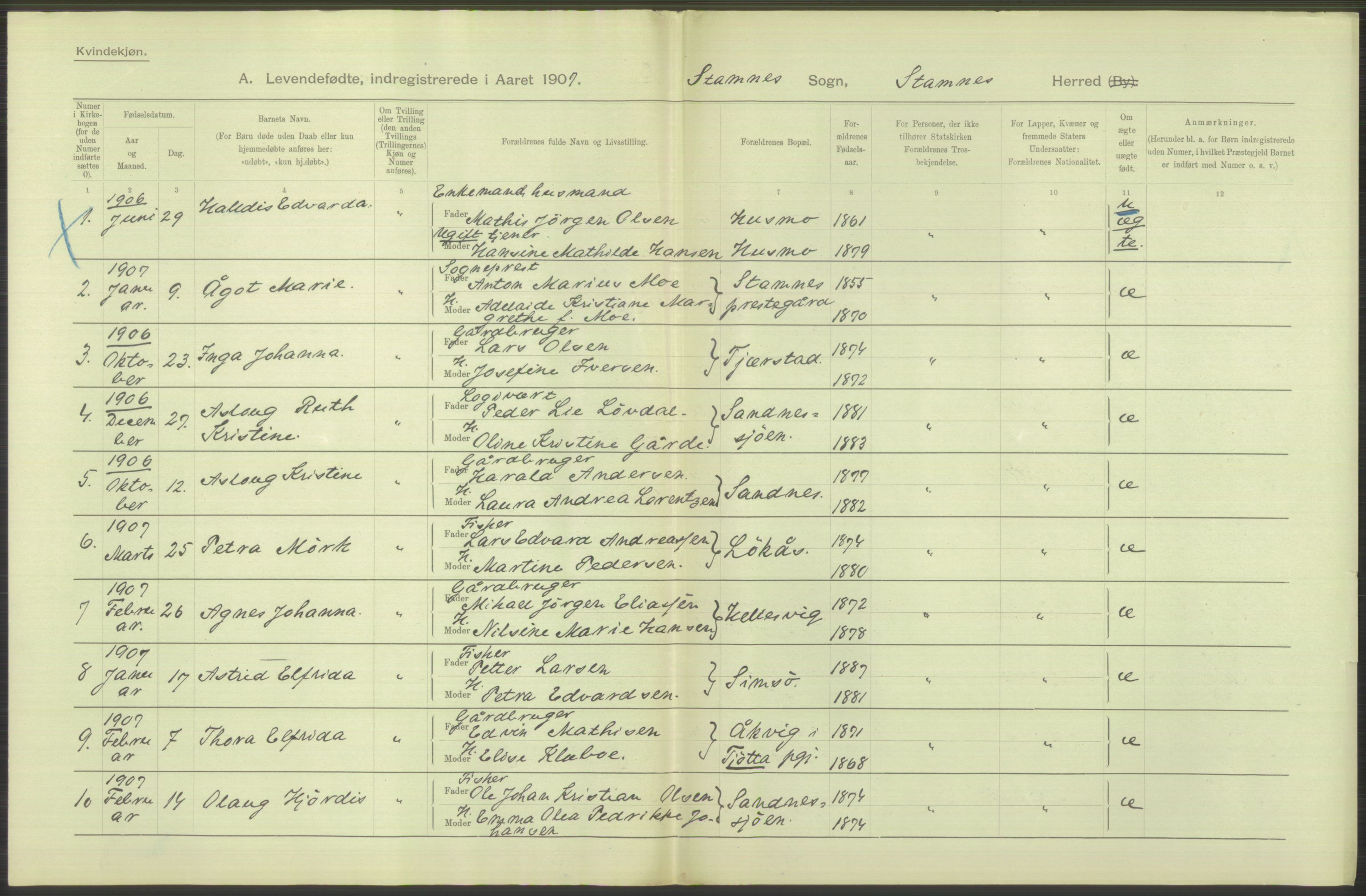 Statistisk sentralbyrå, Sosiodemografiske emner, Befolkning, AV/RA-S-2228/D/Df/Dfa/Dfae/L0043: Nordlands amt: Levendefødte menn og kvinner. Bygder., 1907, p. 363