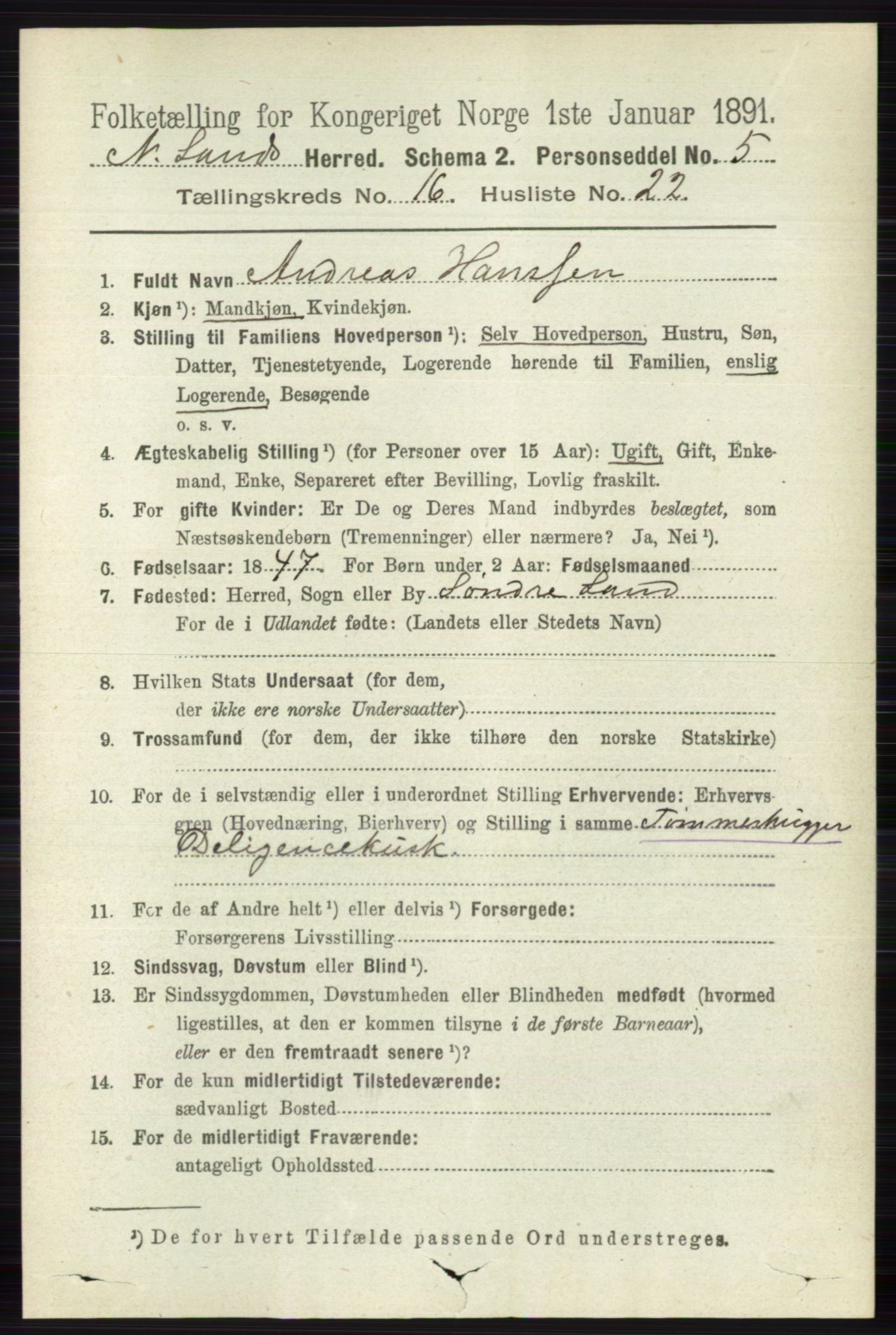 RA, 1891 census for 0538 Nordre Land, 1891, p. 4264