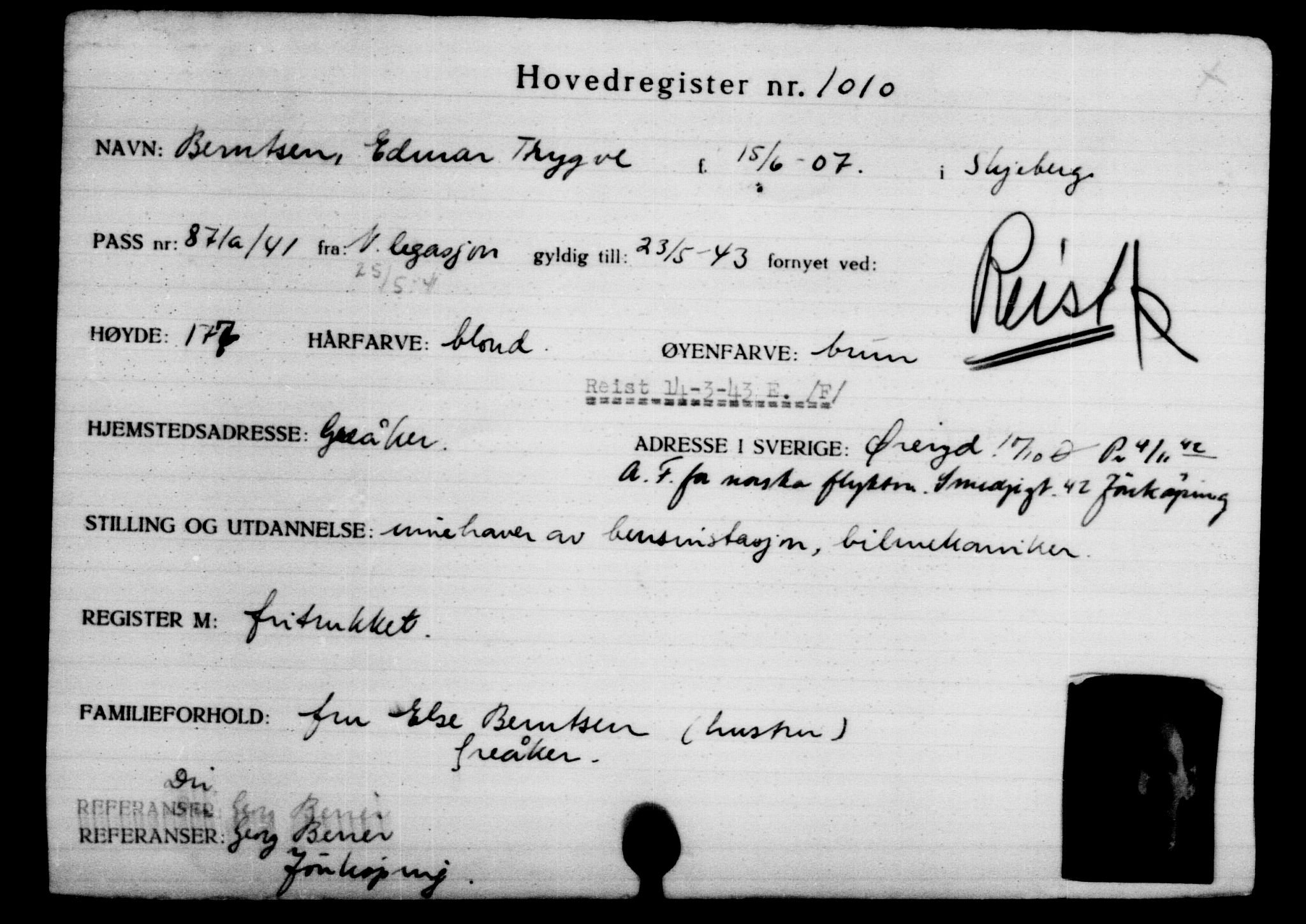 Utenriksstasjonene, Legasjonen i Stockholm, Flyktningkontoret, AV/RA-S-6753/V/Va/L0002: Kjesäterkartoteket, flyktninger med registreringsnr. 1001-2000, 1940-1945, p. 18