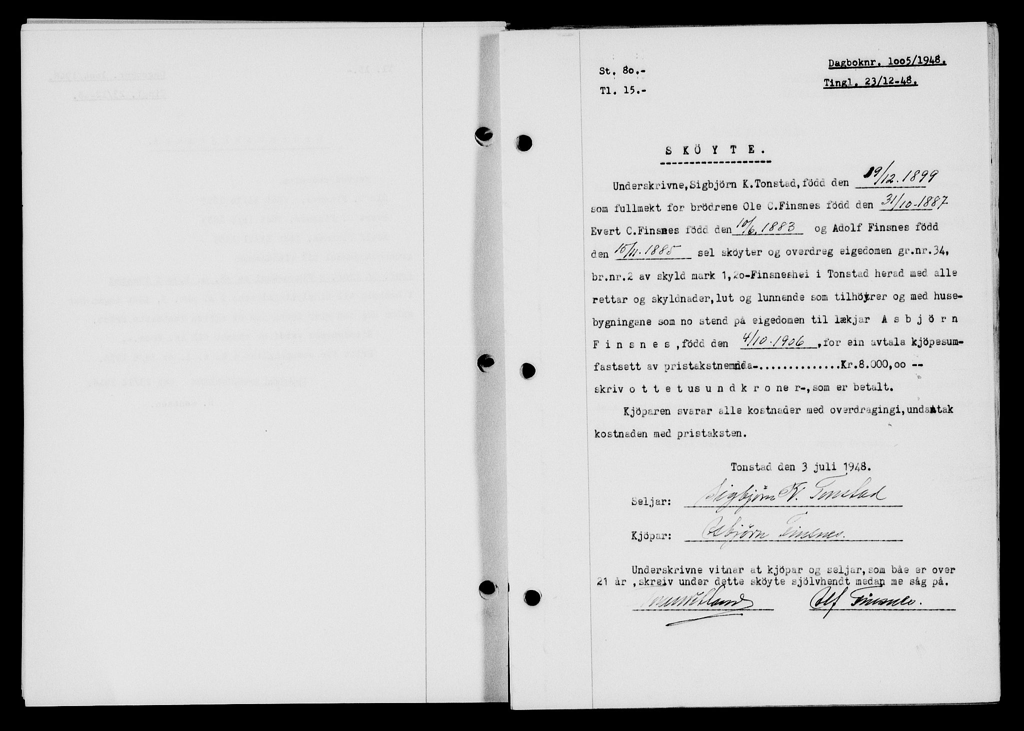 Flekkefjord sorenskriveri, AV/SAK-1221-0001/G/Gb/Gba/L0064: Mortgage book no. A-12, 1948-1949, Diary no: : 1005/1948