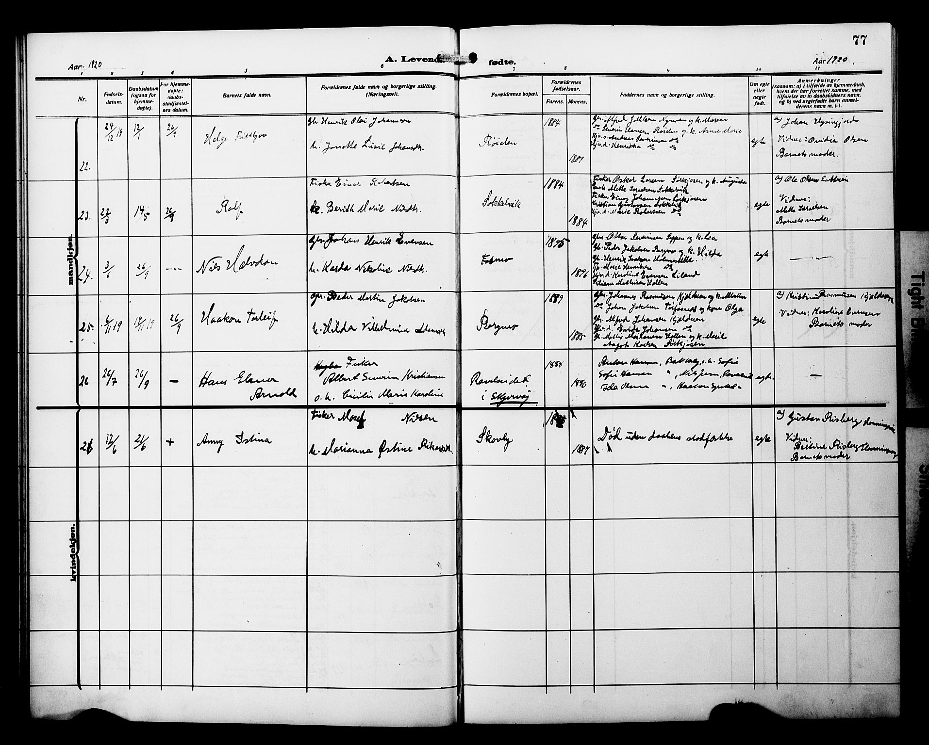 Skjervøy sokneprestkontor, AV/SATØ-S-1300/H/Ha/Hab/L0022klokker: Parish register (copy) no. 22, 1910-1926, p. 77