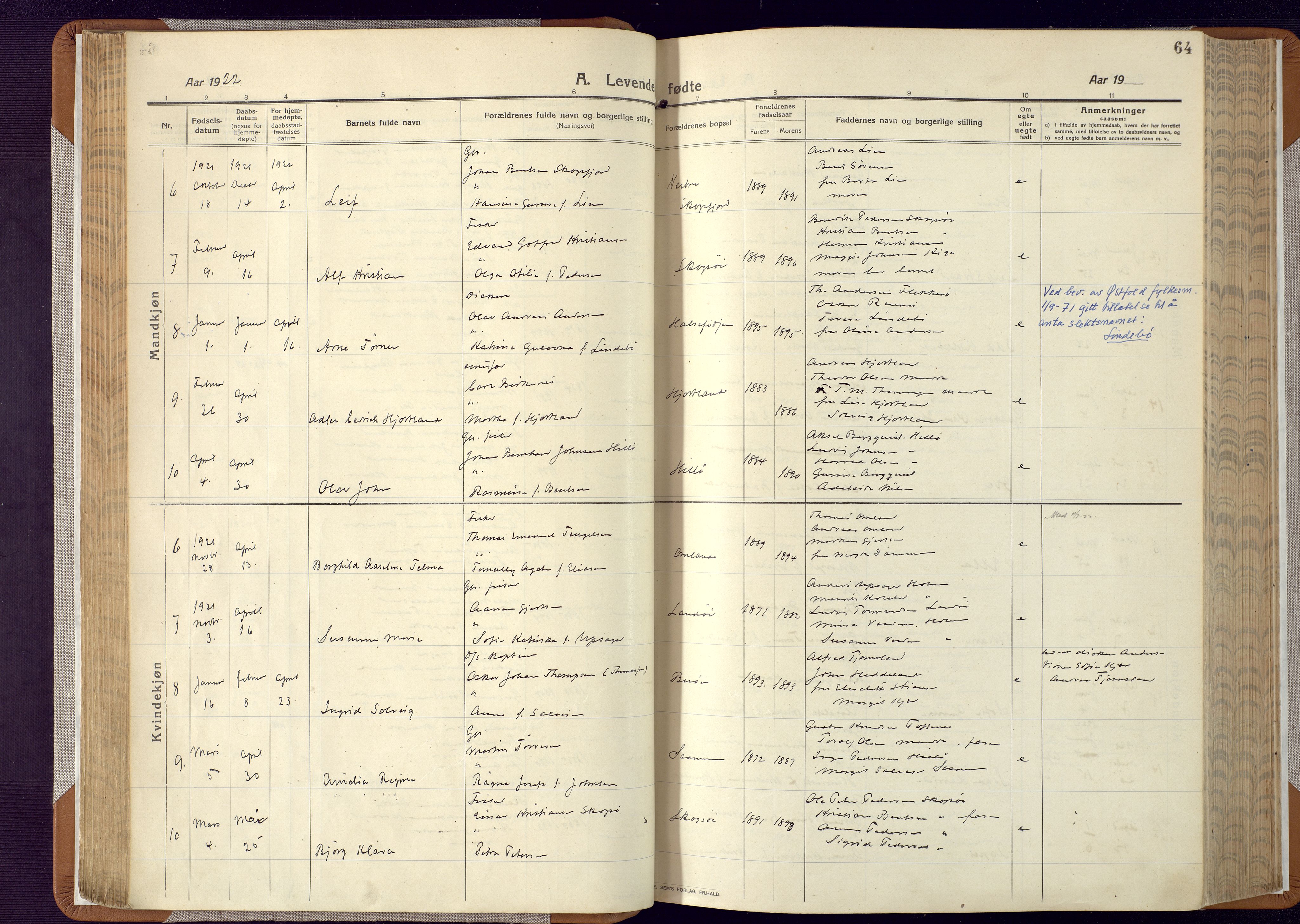 Mandal sokneprestkontor, AV/SAK-1111-0030/F/Fa/Faa/L0022: Parish register (official) no. A 22, 1913-1925, p. 64