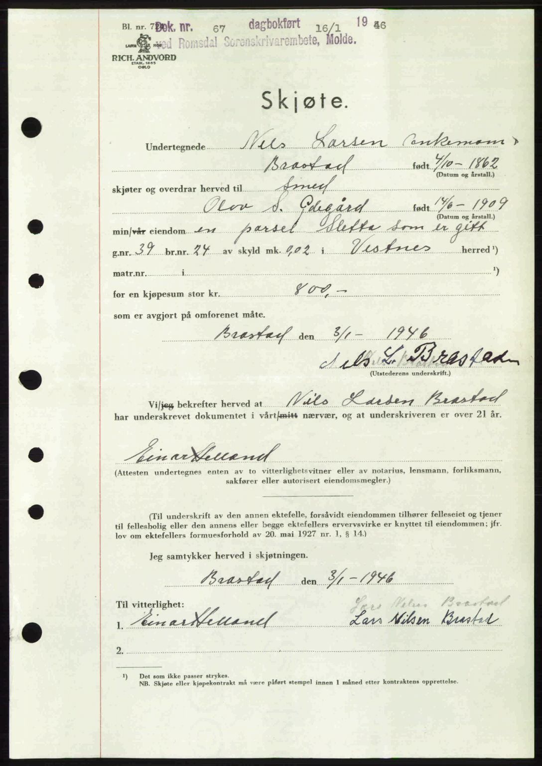 Romsdal sorenskriveri, SAT/A-4149/1/2/2C: Mortgage book no. A19, 1946-1946, Diary no: : 67/1946