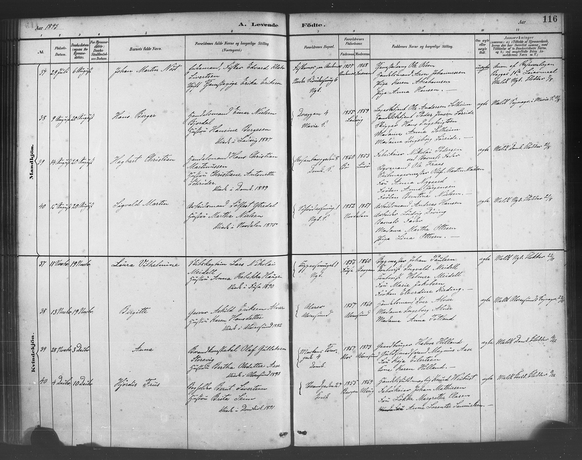 Fødselsstiftelsens sokneprestembete*, SAB/-: Parish register (official) no. A 2, 1884-1900, p. 116