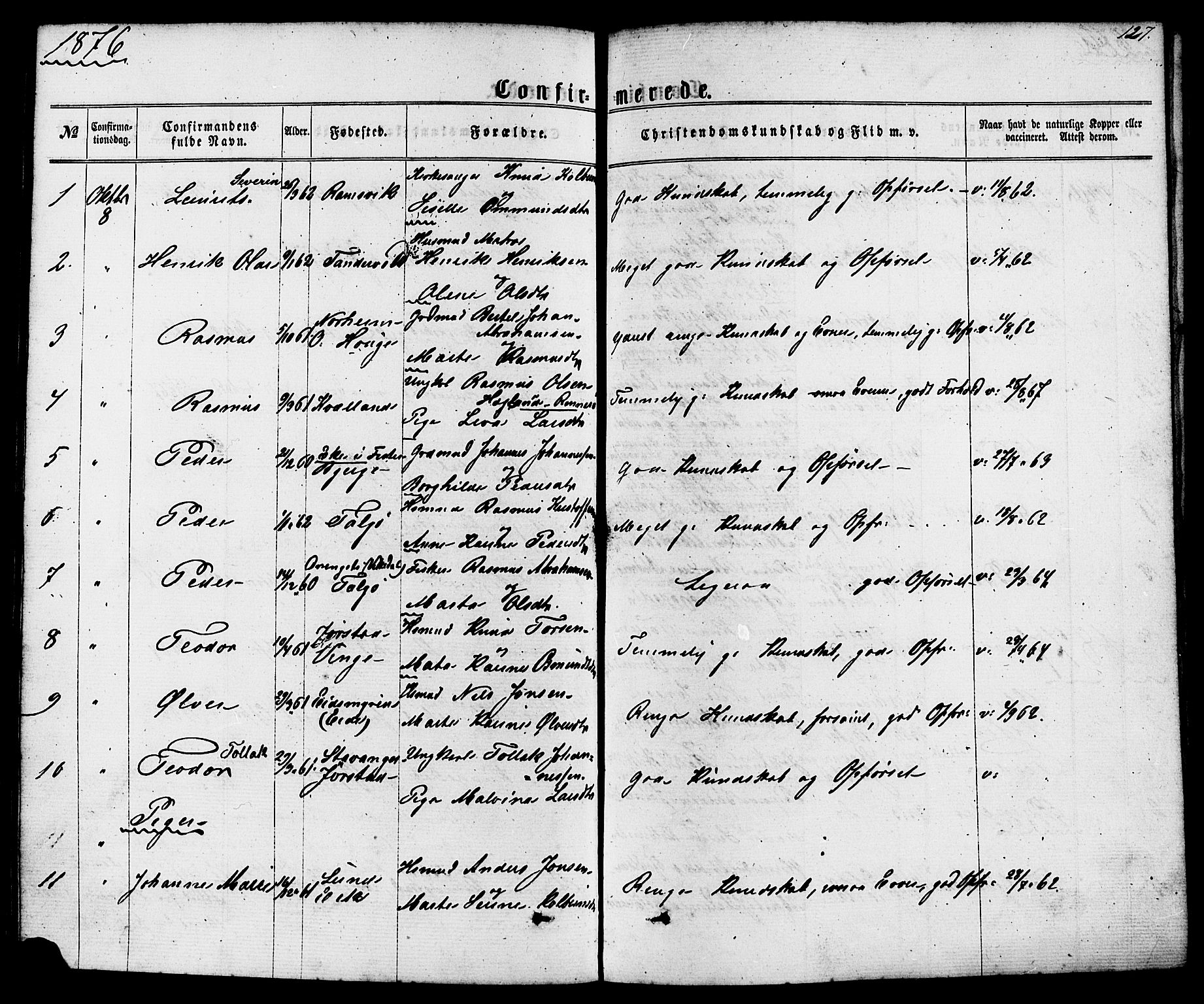 Nedstrand sokneprestkontor, AV/SAST-A-101841/01/IV: Parish register (official) no. A 10, 1861-1887, p. 127