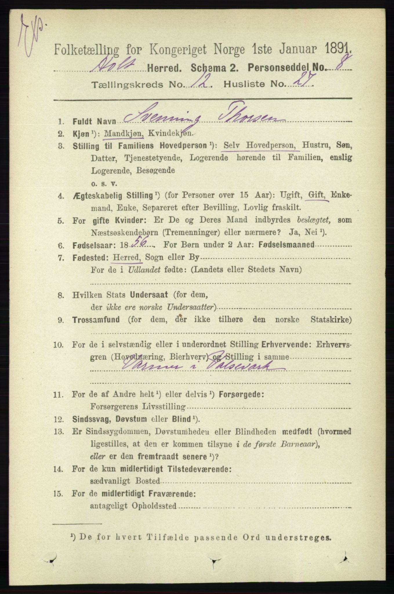 RA, Census 1891 for Nedenes amt: Gjenparter av personsedler for beslektede ektefeller, menn, 1891, p. 342