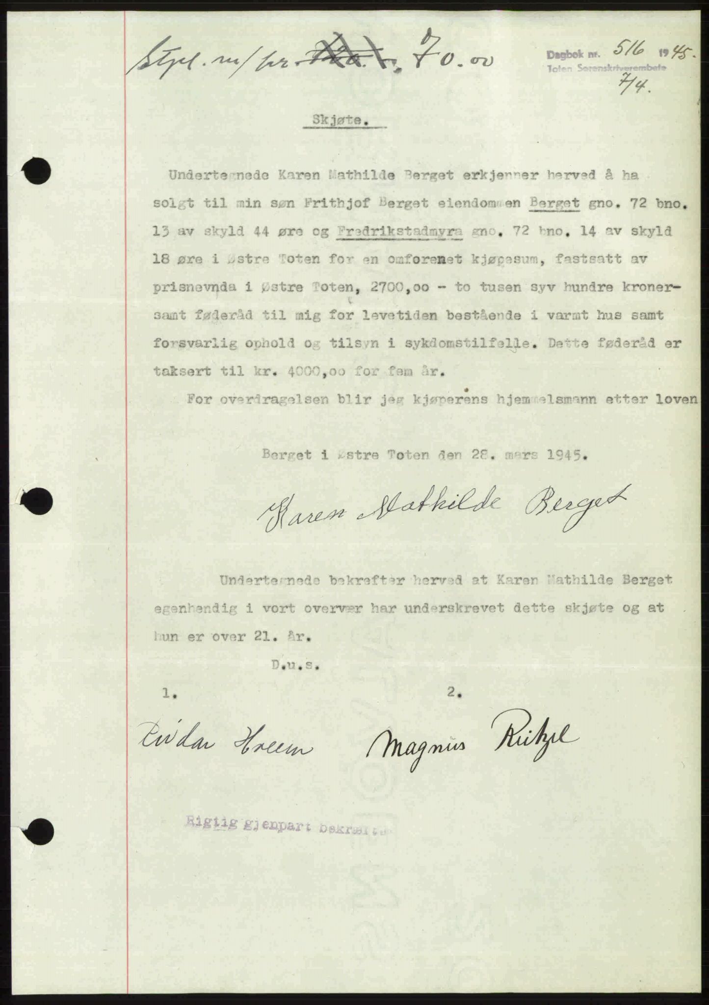 Toten tingrett, SAH/TING-006/H/Hb/Hbc/L0013: Mortgage book no. Hbc-13, 1945-1945, Diary no: : 516/1945
