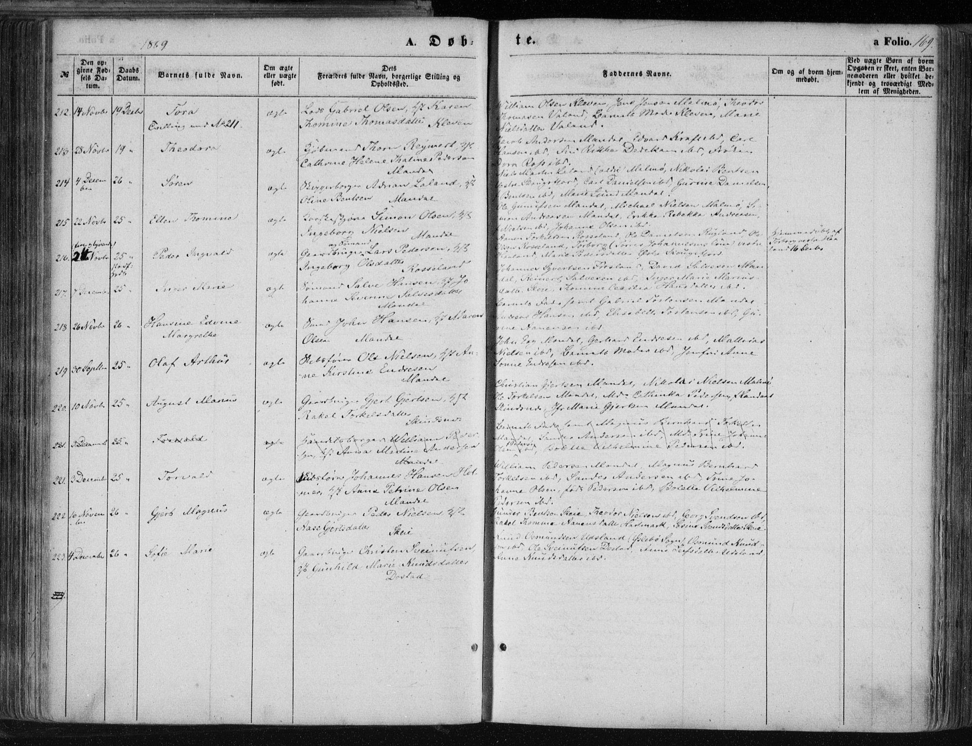 Mandal sokneprestkontor, AV/SAK-1111-0030/F/Fa/Faa/L0014: Parish register (official) no. A 14, 1859-1872, p. 169