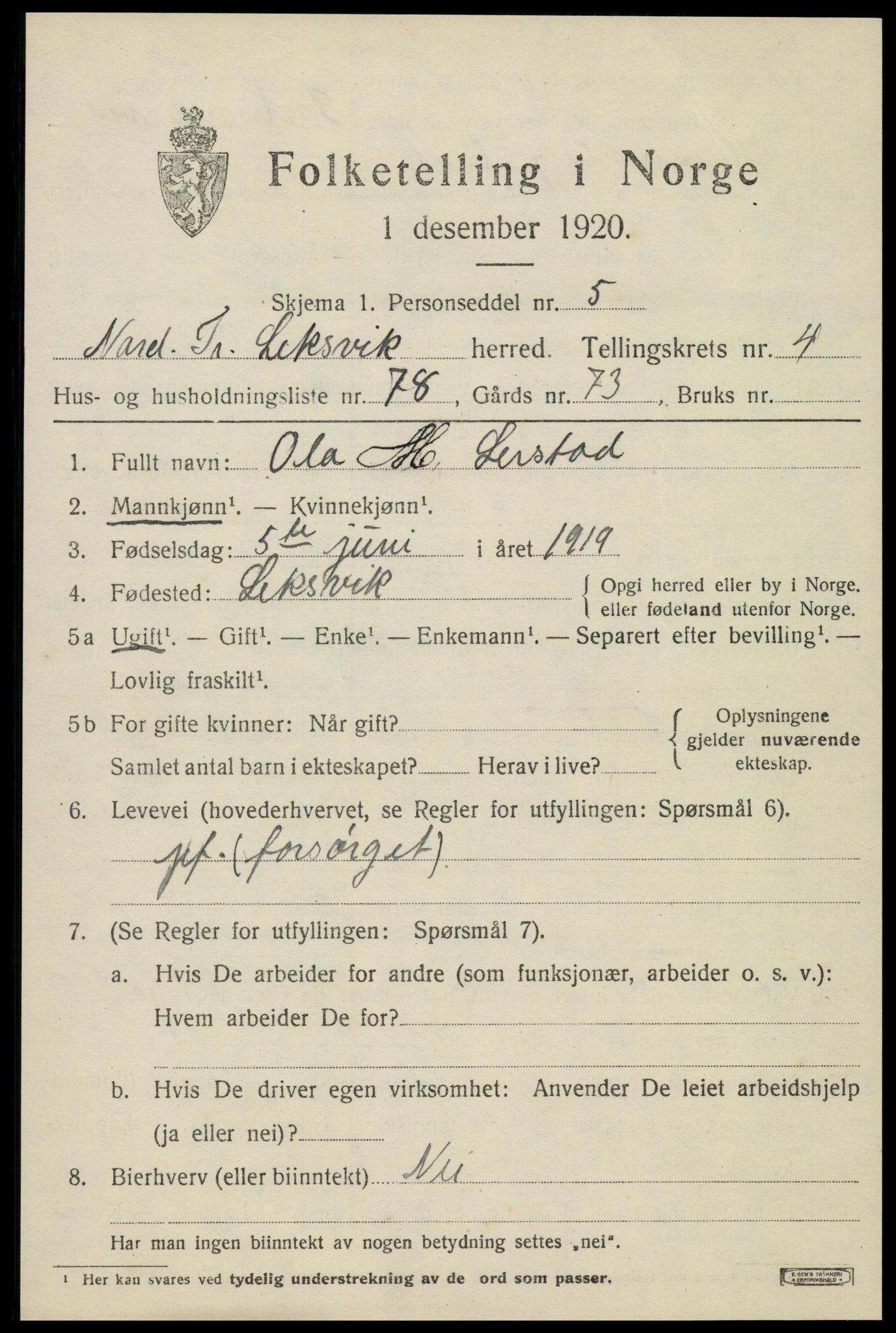 SAT, 1920 census for Leksvik, 1920, p. 4504
