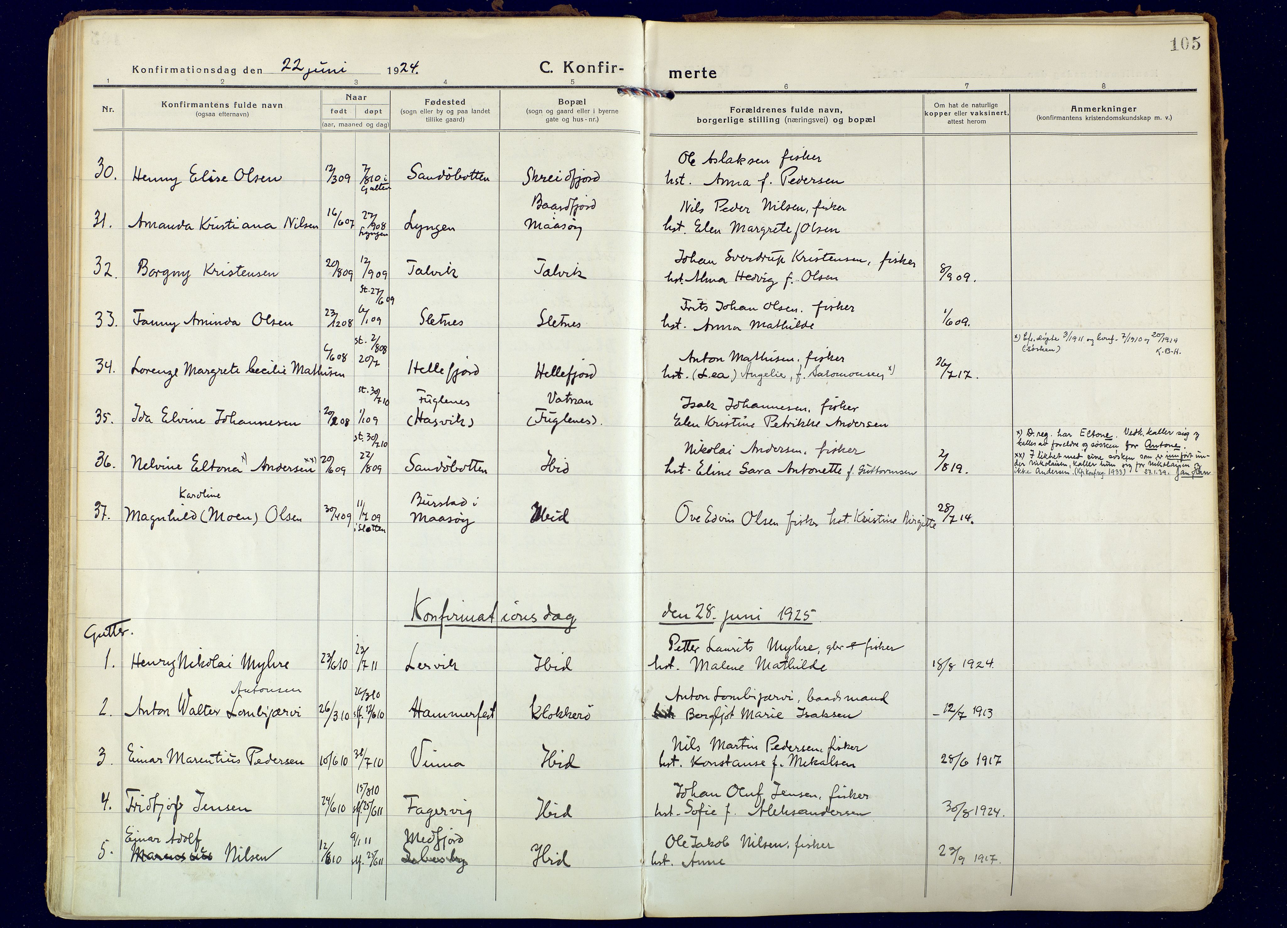 Hammerfest sokneprestkontor, AV/SATØ-S-1347/H/Ha/L0018.kirke: Parish register (official) no. 18, 1918-1933, p. 105