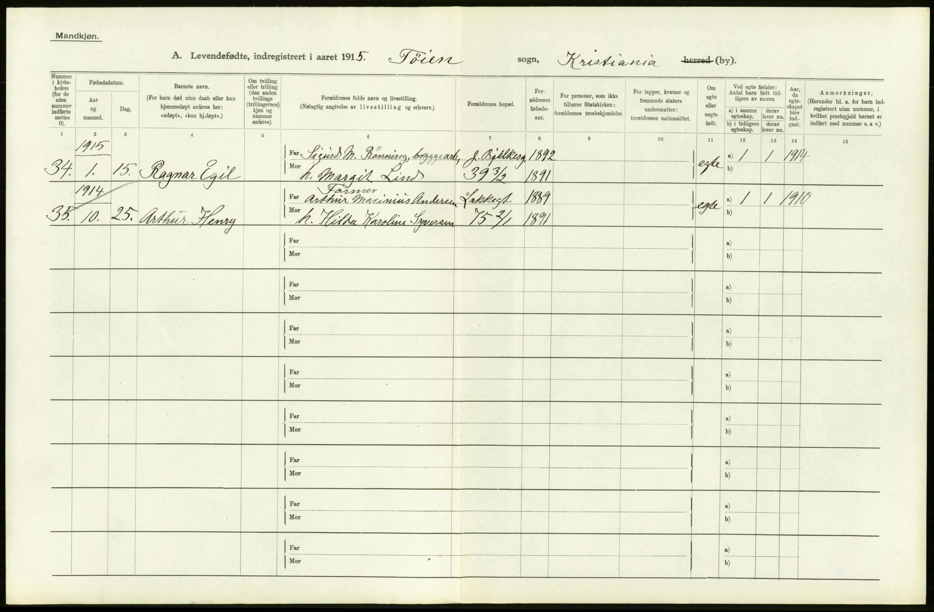 Statistisk sentralbyrå, Sosiodemografiske emner, Befolkning, AV/RA-S-2228/D/Df/Dfb/Dfbe/L0006: Kristiania: Levendefødte menn og kvinner., 1915, p. 182