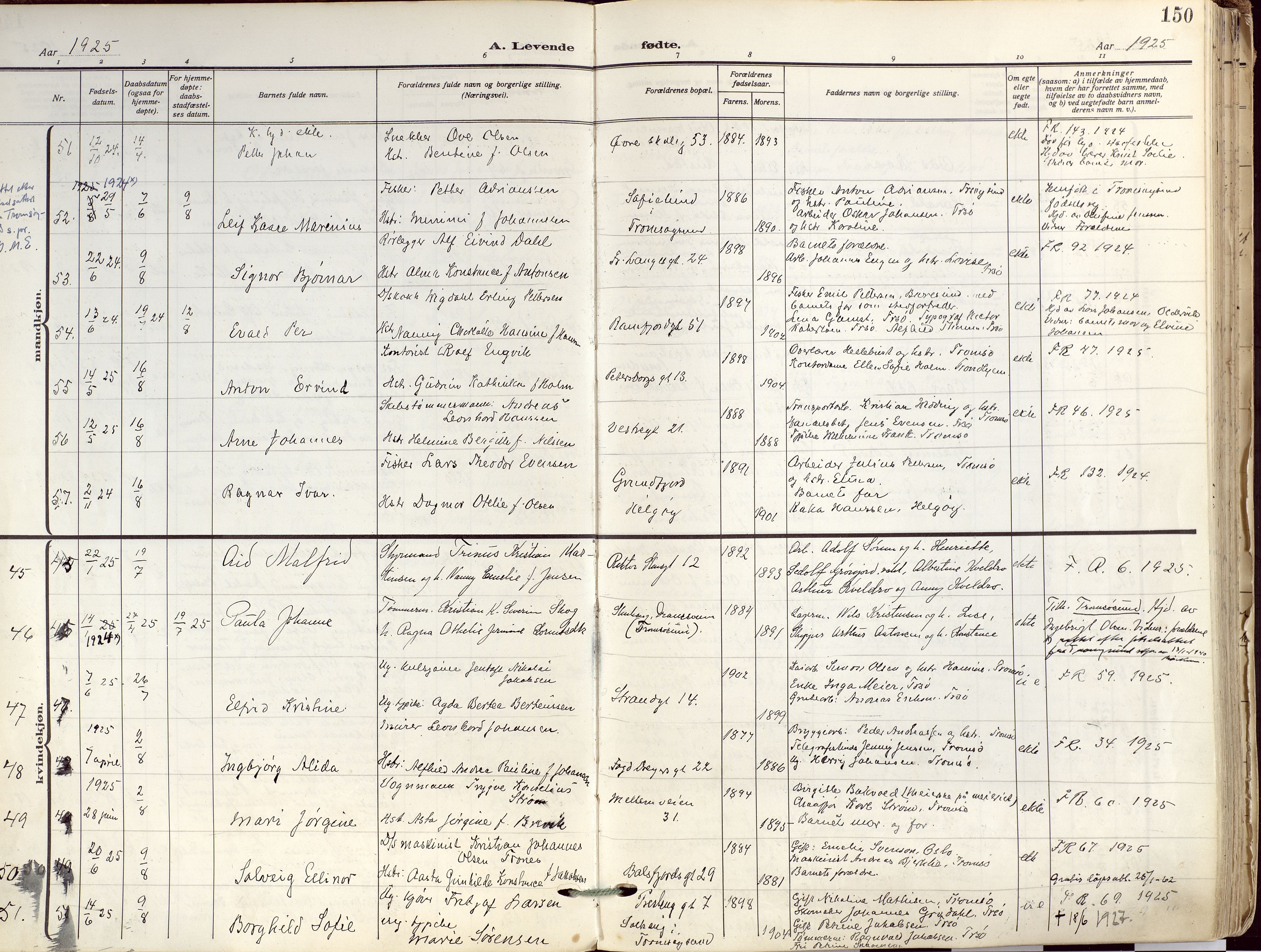 Tromsø sokneprestkontor/stiftsprosti/domprosti, SATØ/S-1343/G/Ga/L0019kirke: Parish register (official) no. 19, 1917-1927, p. 150