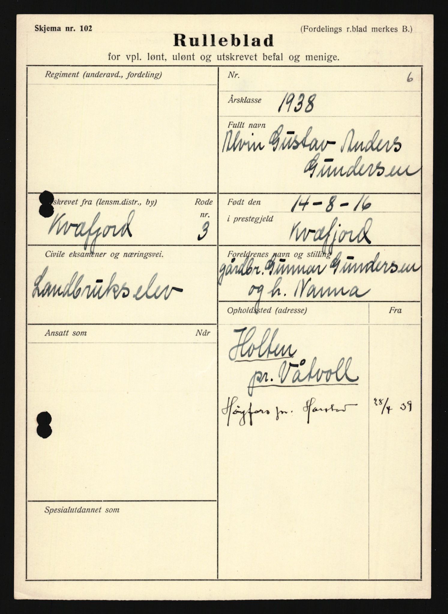 Forsvaret, Troms infanteriregiment nr. 16, AV/RA-RAFA-3146/P/Pa/L0022: Rulleblad for regimentets menige mannskaper, årsklasse 1938, 1938, p. 335