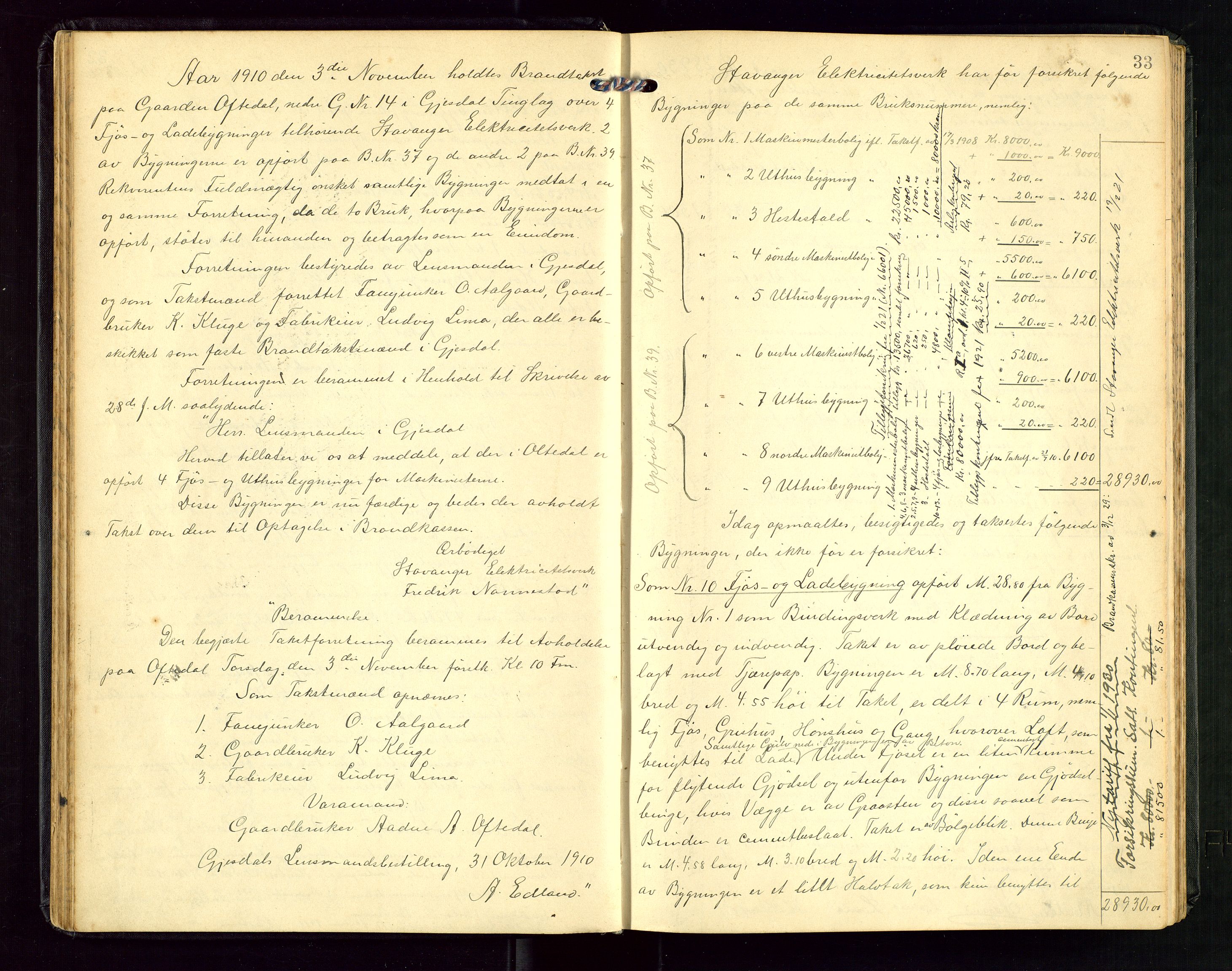 Gjesdal lensmannskontor, AV/SAST-A-100441/Go/L0002: Branntakstprotokoll, 1907-1921, p. 32b-33a