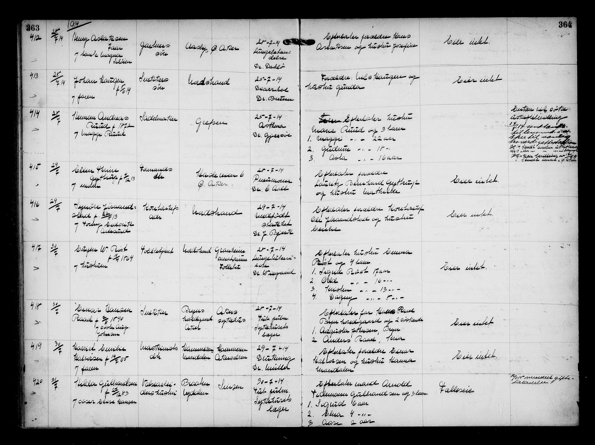 Aker kriminaldommer, skifte- og auksjonsforvalterembete, AV/SAO-A-10452/H/Hb/Hba/Hbaa/L0003: Dødsfallsprotokoll, 1912-1914, p. 363-364