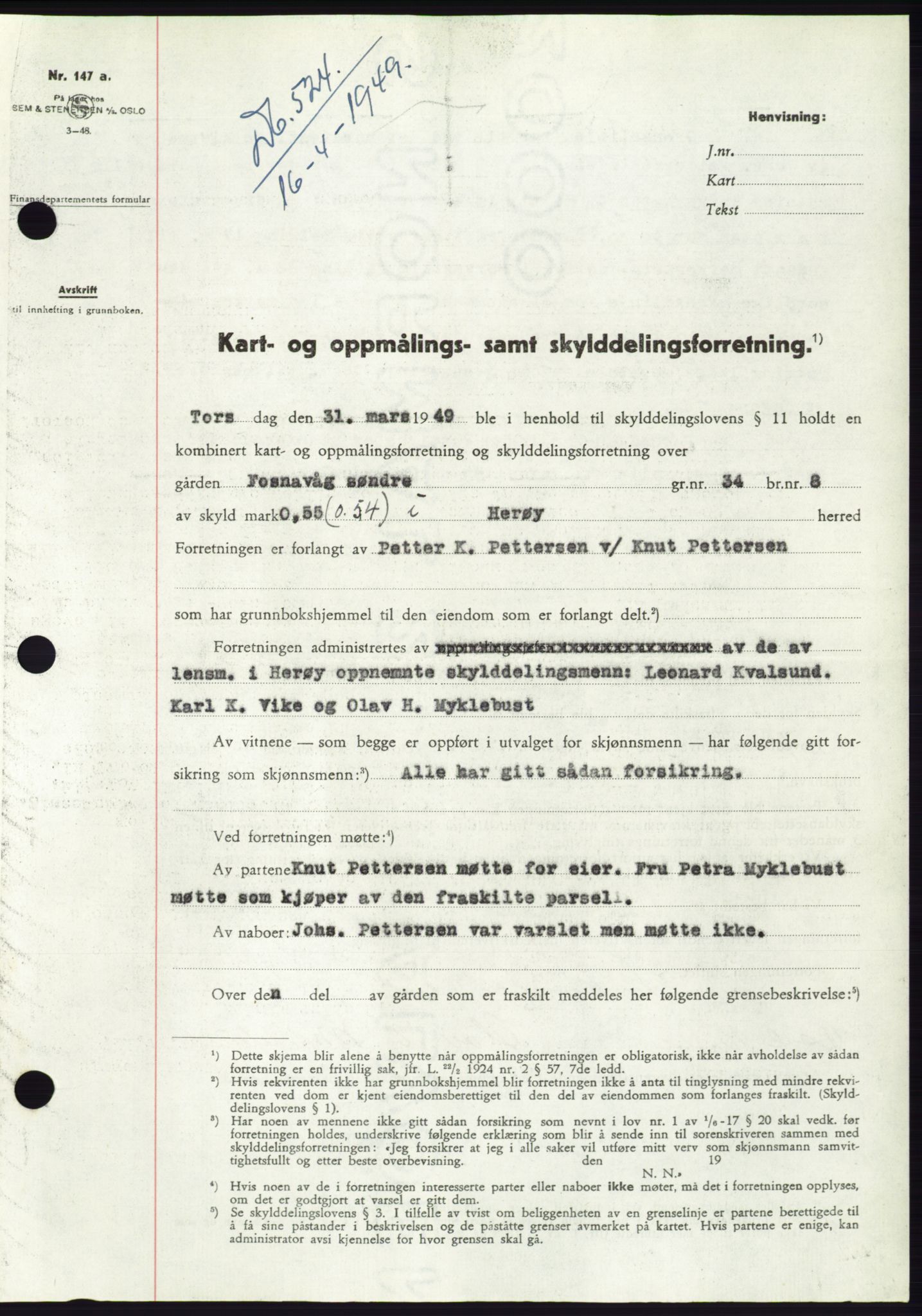 Søre Sunnmøre sorenskriveri, AV/SAT-A-4122/1/2/2C/L0084: Mortgage book no. 10A, 1949-1949, Diary no: : 524/1949