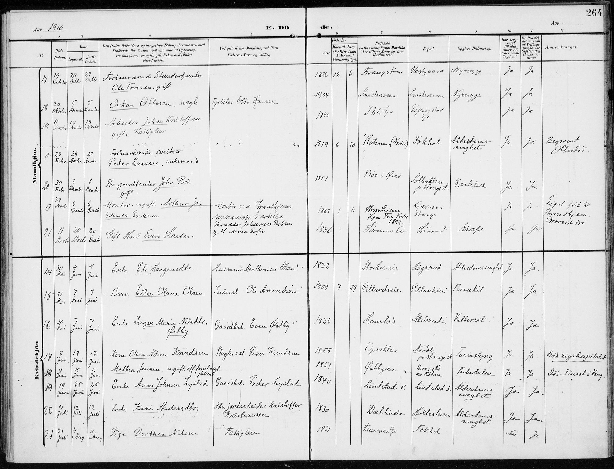 Stange prestekontor, AV/SAH-PREST-002/K/L0024: Parish register (official) no. 24, 1906-1922, p. 264