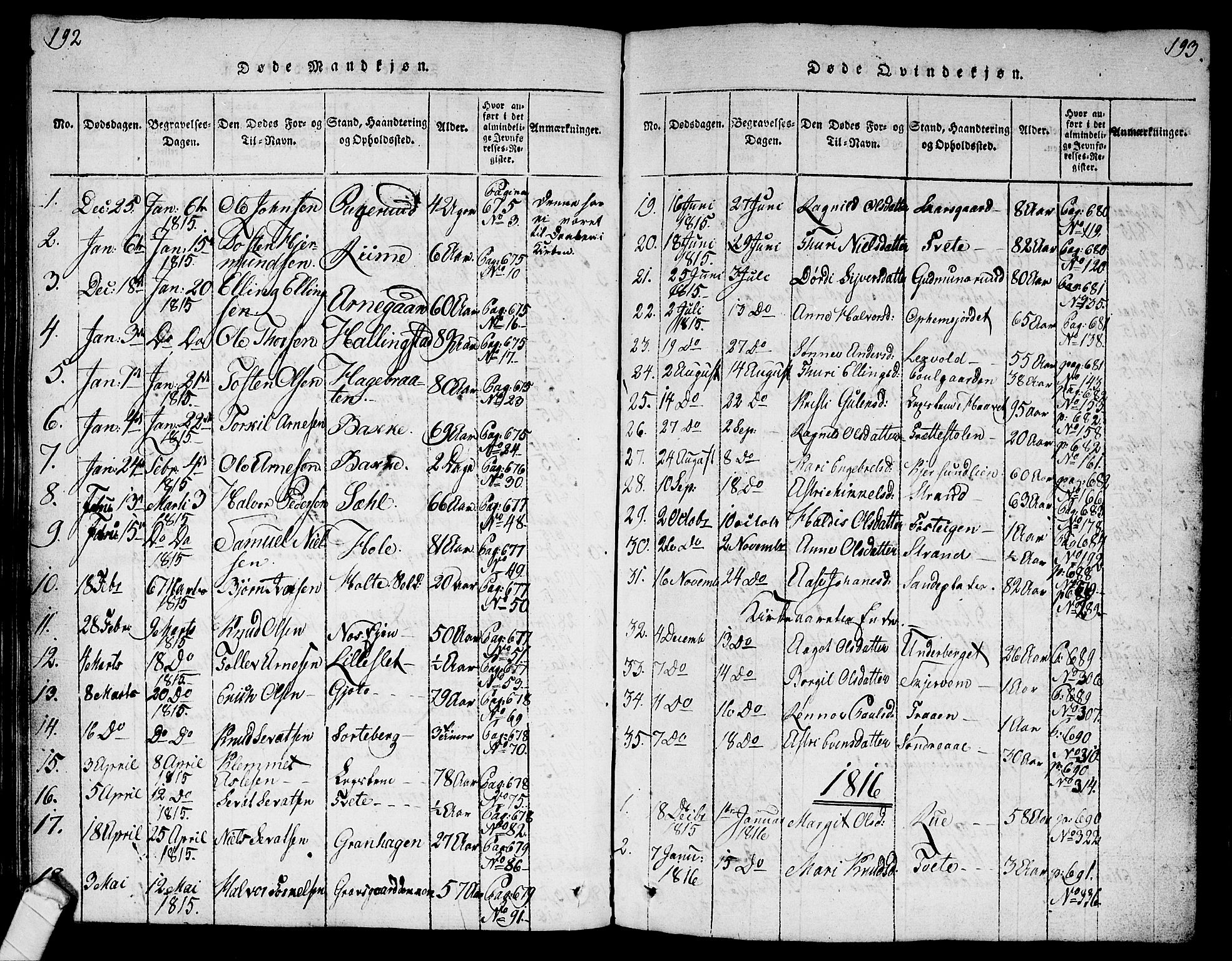 Ål kirkebøker, AV/SAKO-A-249/G/Ga/L0001: Parish register (copy) no. 1, 1815-1829, p. 192-193