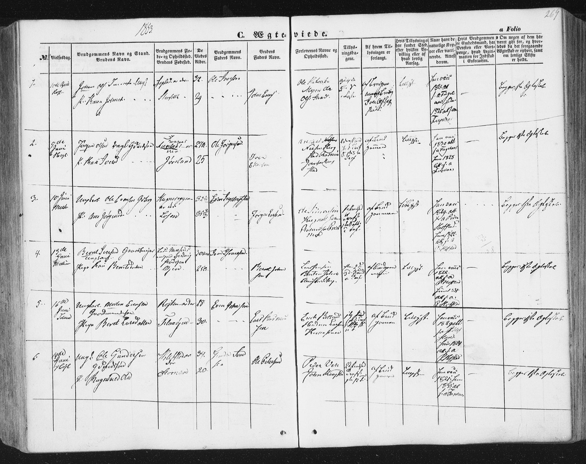 Ministerialprotokoller, klokkerbøker og fødselsregistre - Sør-Trøndelag, SAT/A-1456/691/L1076: Parish register (official) no. 691A08, 1852-1861, p. 269