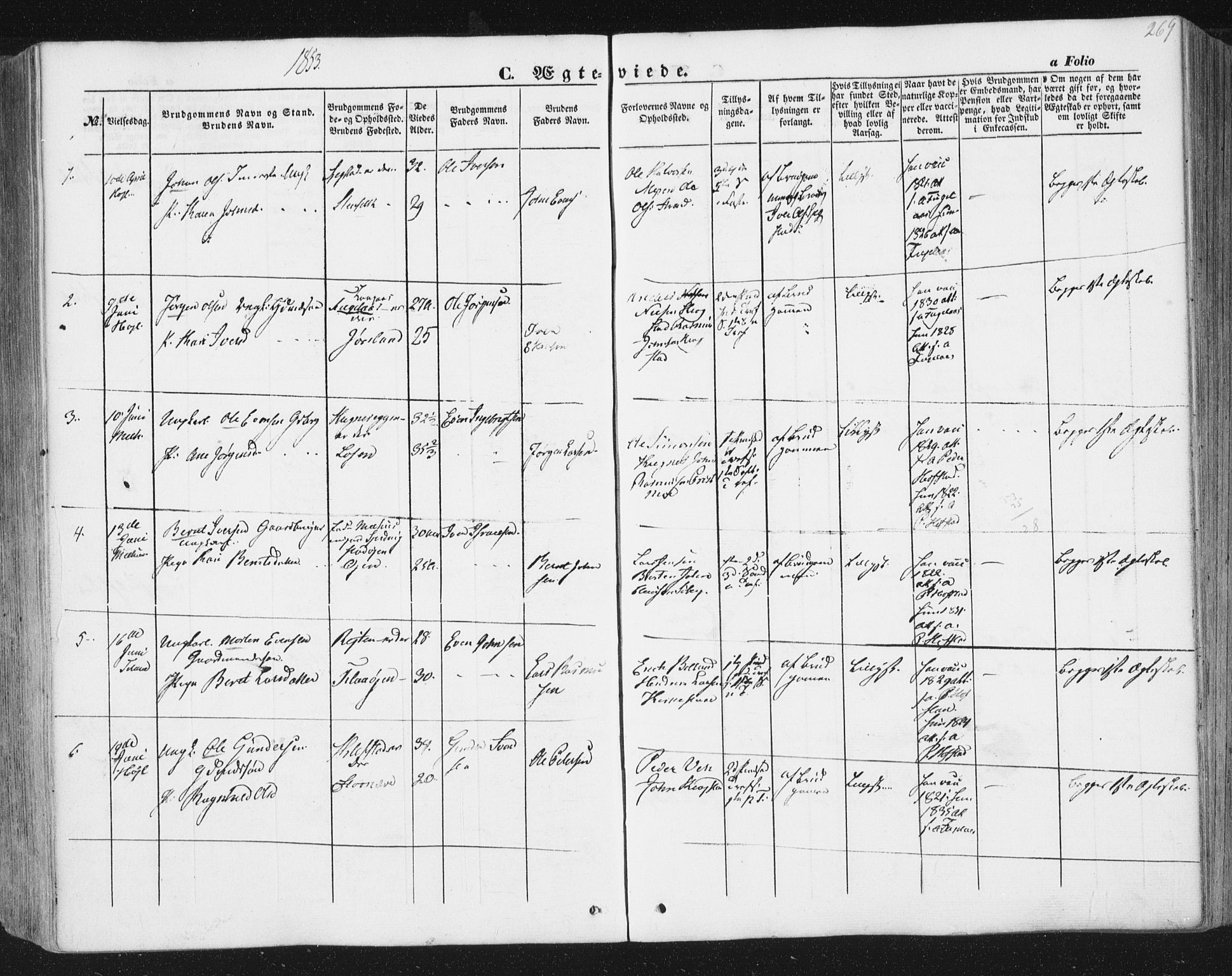 Ministerialprotokoller, klokkerbøker og fødselsregistre - Sør-Trøndelag, AV/SAT-A-1456/691/L1076: Parish register (official) no. 691A08, 1852-1861, p. 269