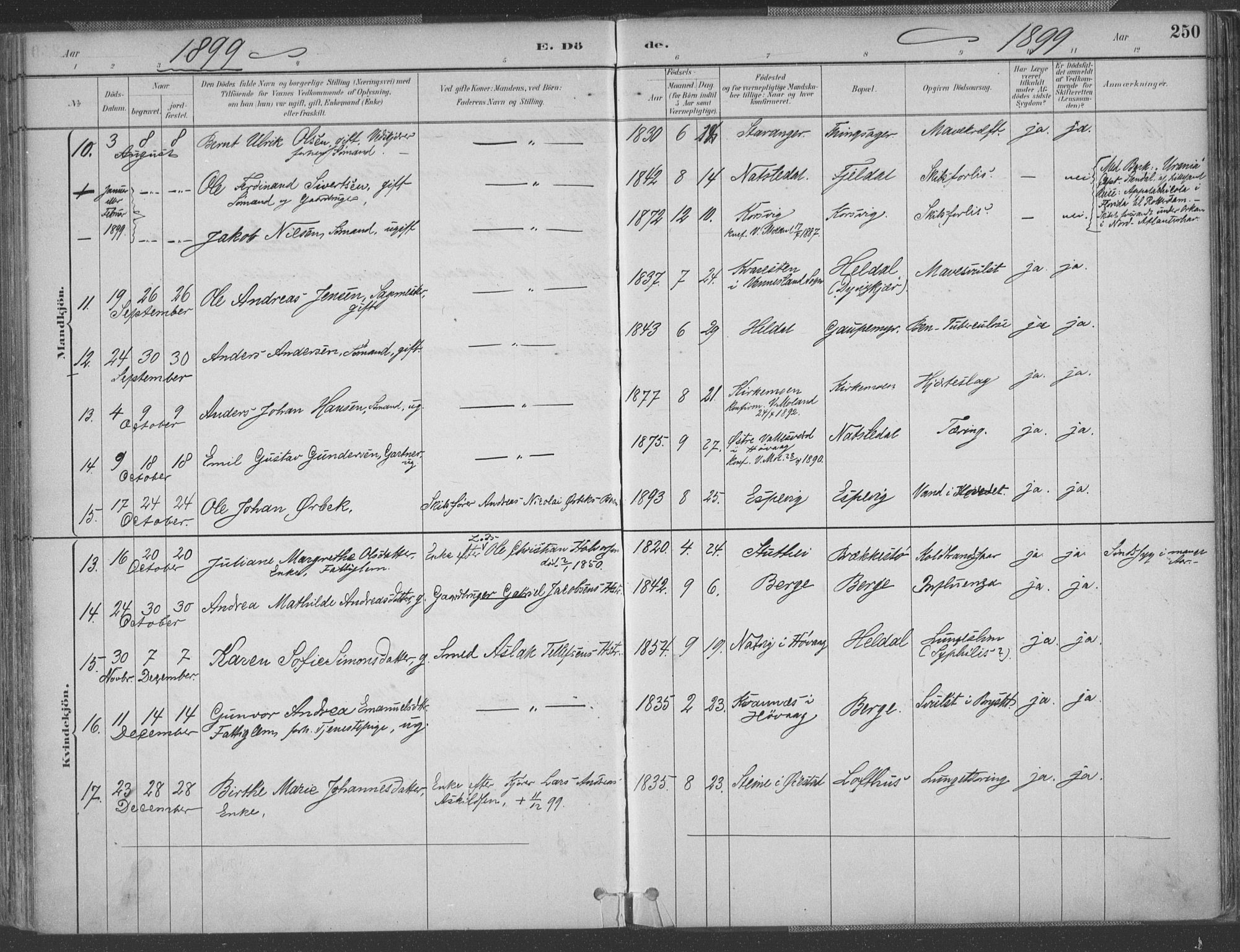 Vestre Moland sokneprestkontor, AV/SAK-1111-0046/F/Fa/Fab/L0009: Parish register (official) no. A 9, 1884-1899, p. 250