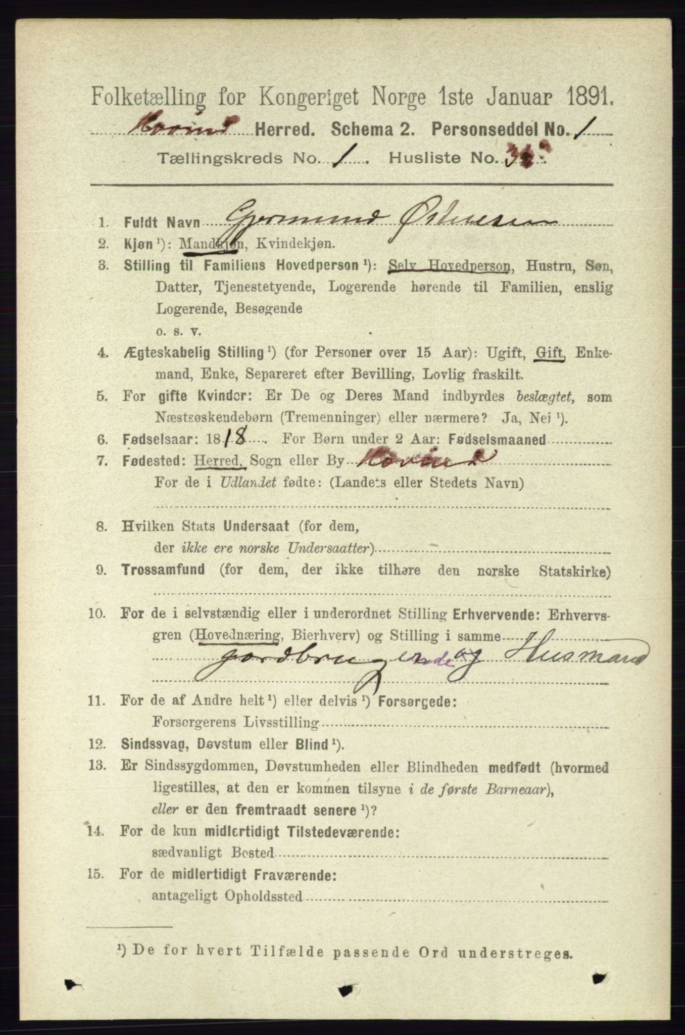 RA, 1891 census for 0825 Hovin, 1891, p. 290