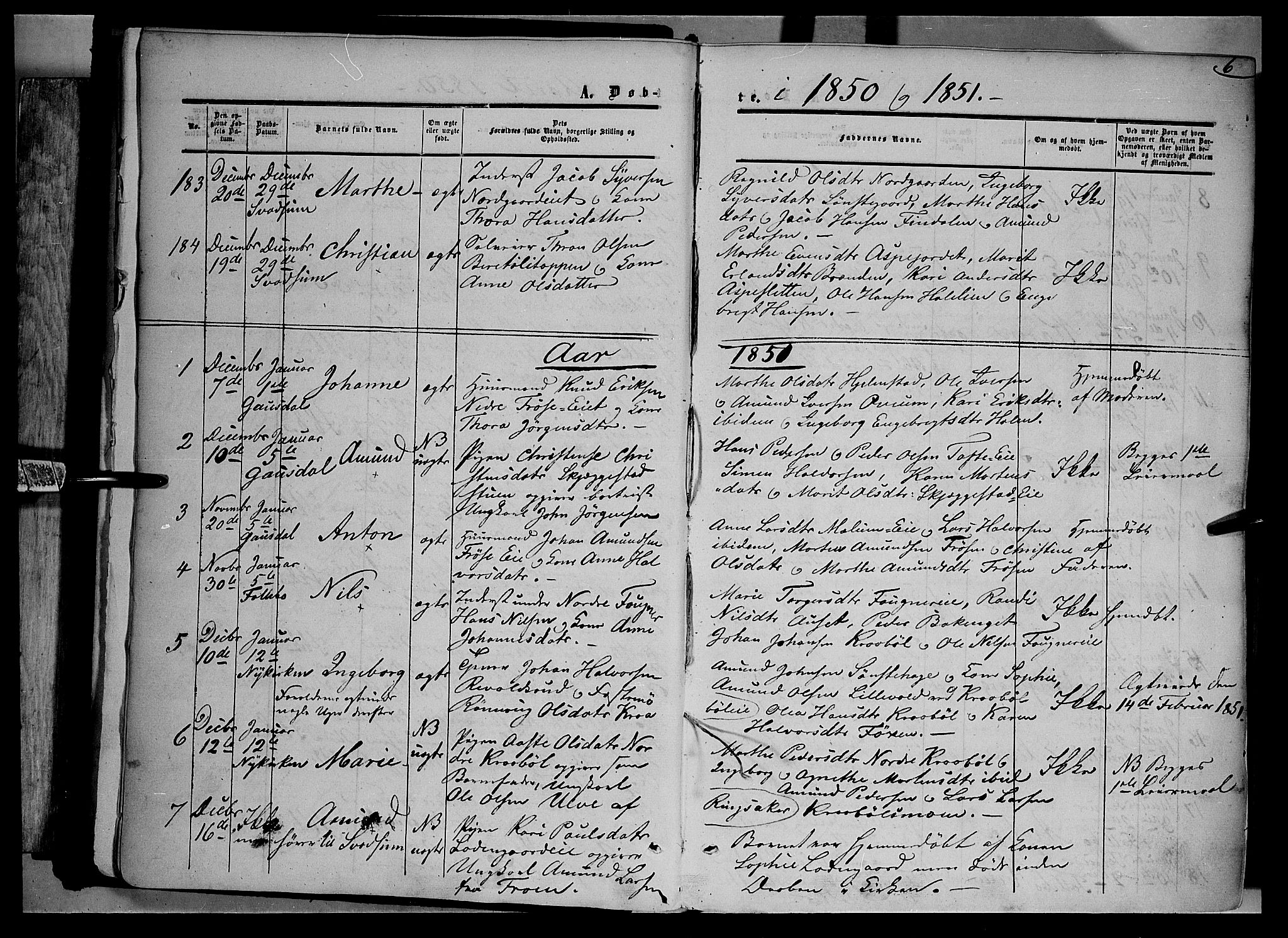 Gausdal prestekontor, SAH/PREST-090/H/Ha/Haa/L0008: Parish register (official) no. 8, 1850-1861, p. 6