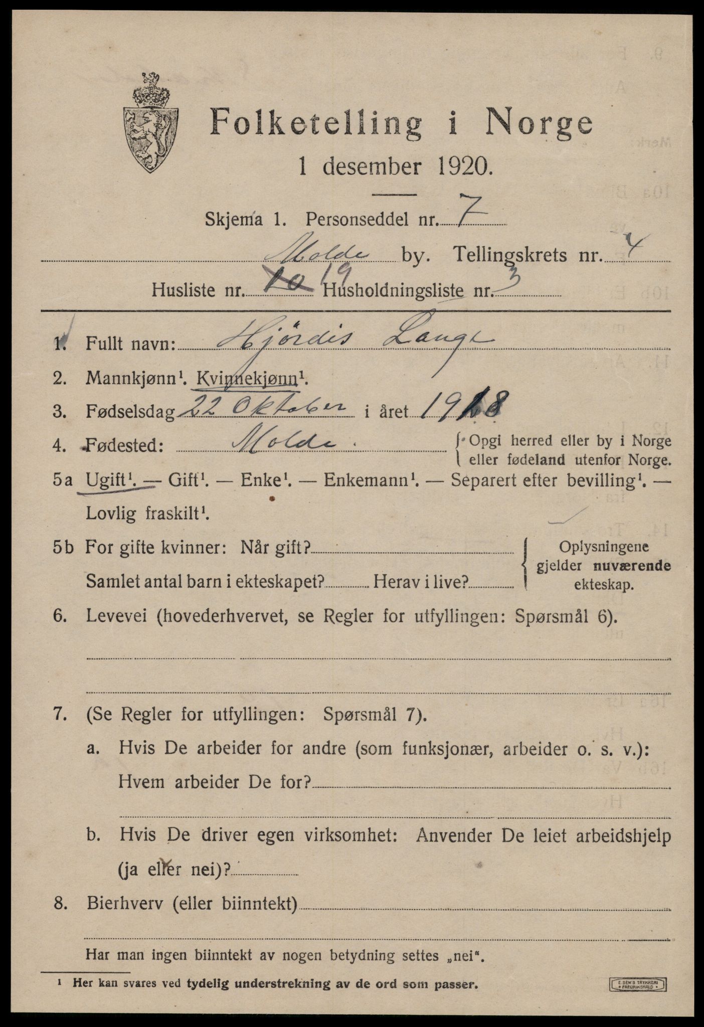 SAT, 1920 census for Molde, 1920, p. 5585