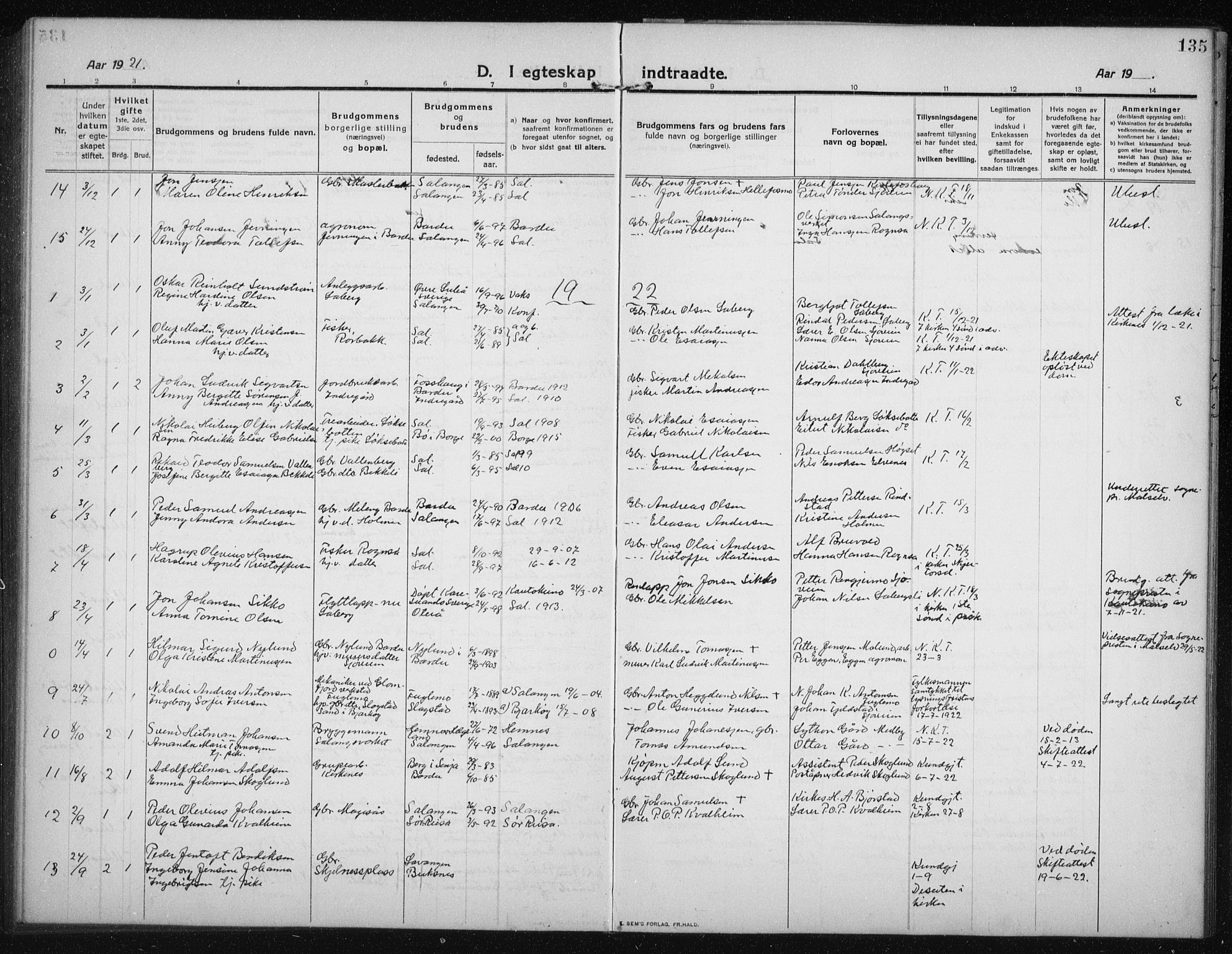 Salangen sokneprestembete, AV/SATØ-S-1324/H/Hb/L0005klokker: Parish register (copy) no. 5, 1918-1937, p. 135