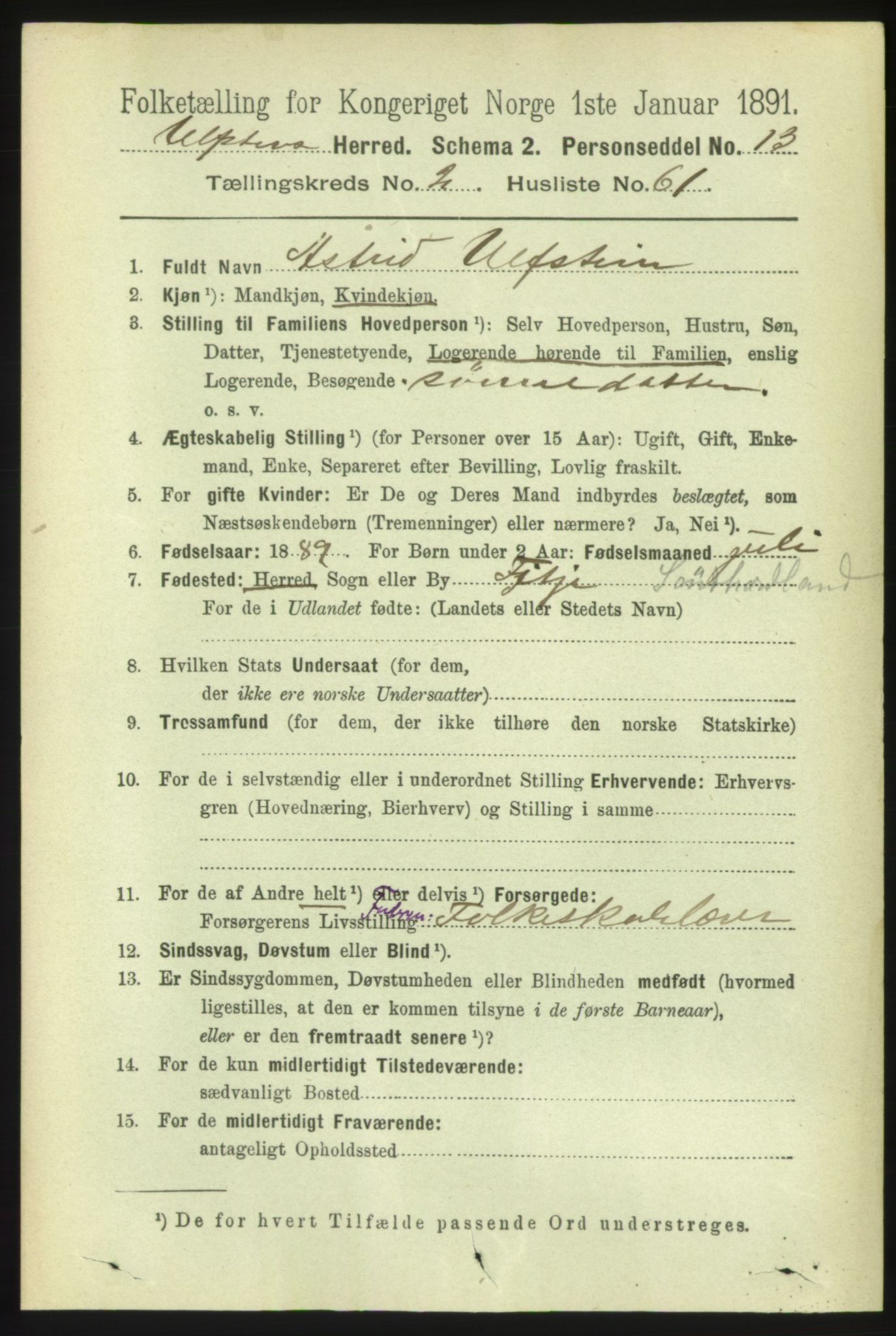 RA, 1891 census for 1516 Ulstein, 1891, p. 711