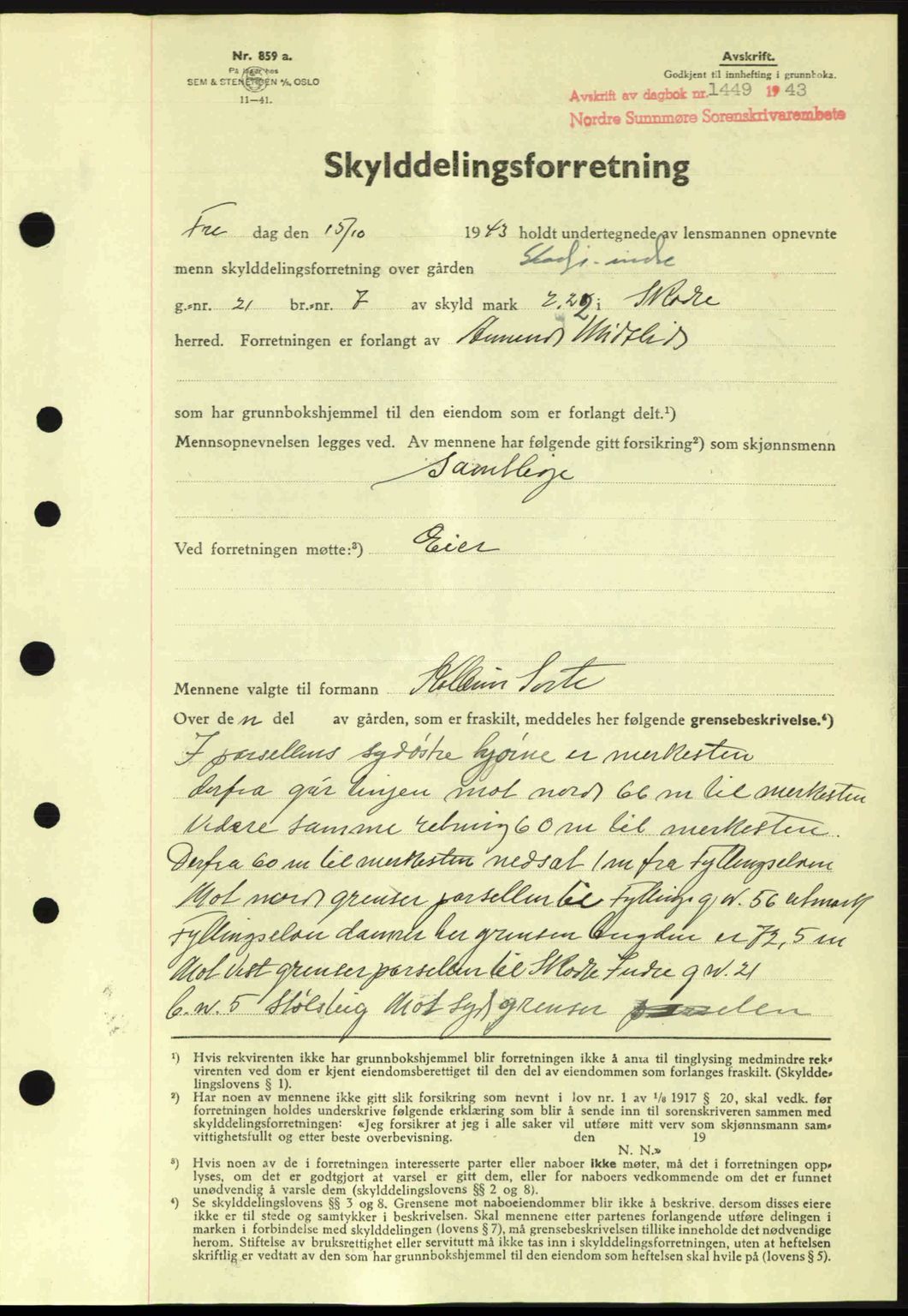 Nordre Sunnmøre sorenskriveri, AV/SAT-A-0006/1/2/2C/2Ca: Mortgage book no. A16, 1943-1943, Diary no: : 1449/1943