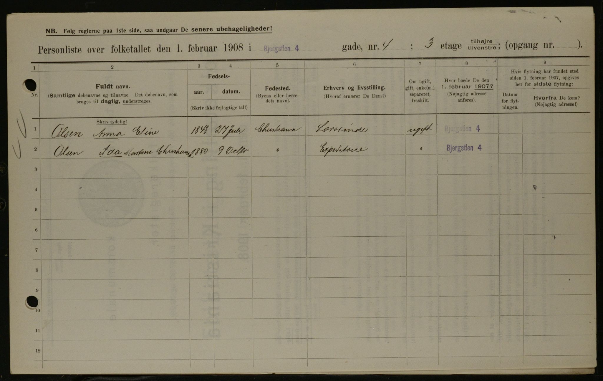 OBA, Municipal Census 1908 for Kristiania, 1908, p. 4347