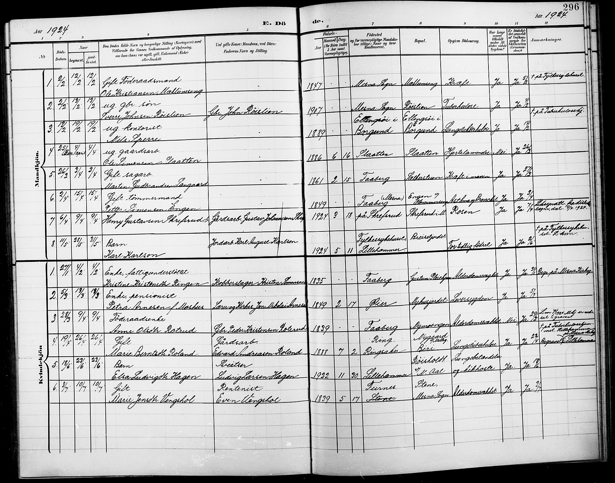 Fåberg prestekontor, AV/SAH-PREST-086/H/Ha/Hab/L0012: Parish register (copy) no. 12, 1903-1924, p. 296