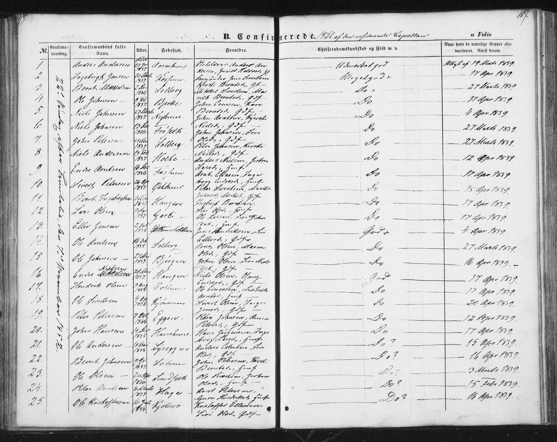 Ministerialprotokoller, klokkerbøker og fødselsregistre - Sør-Trøndelag, SAT/A-1456/689/L1038: Parish register (official) no. 689A03, 1848-1872, p. 107