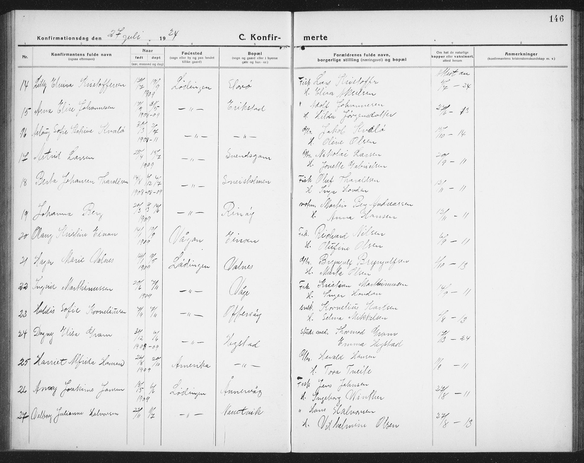 Ministerialprotokoller, klokkerbøker og fødselsregistre - Nordland, SAT/A-1459/872/L1049: Parish register (copy) no. 872C05, 1920-1938, p. 146